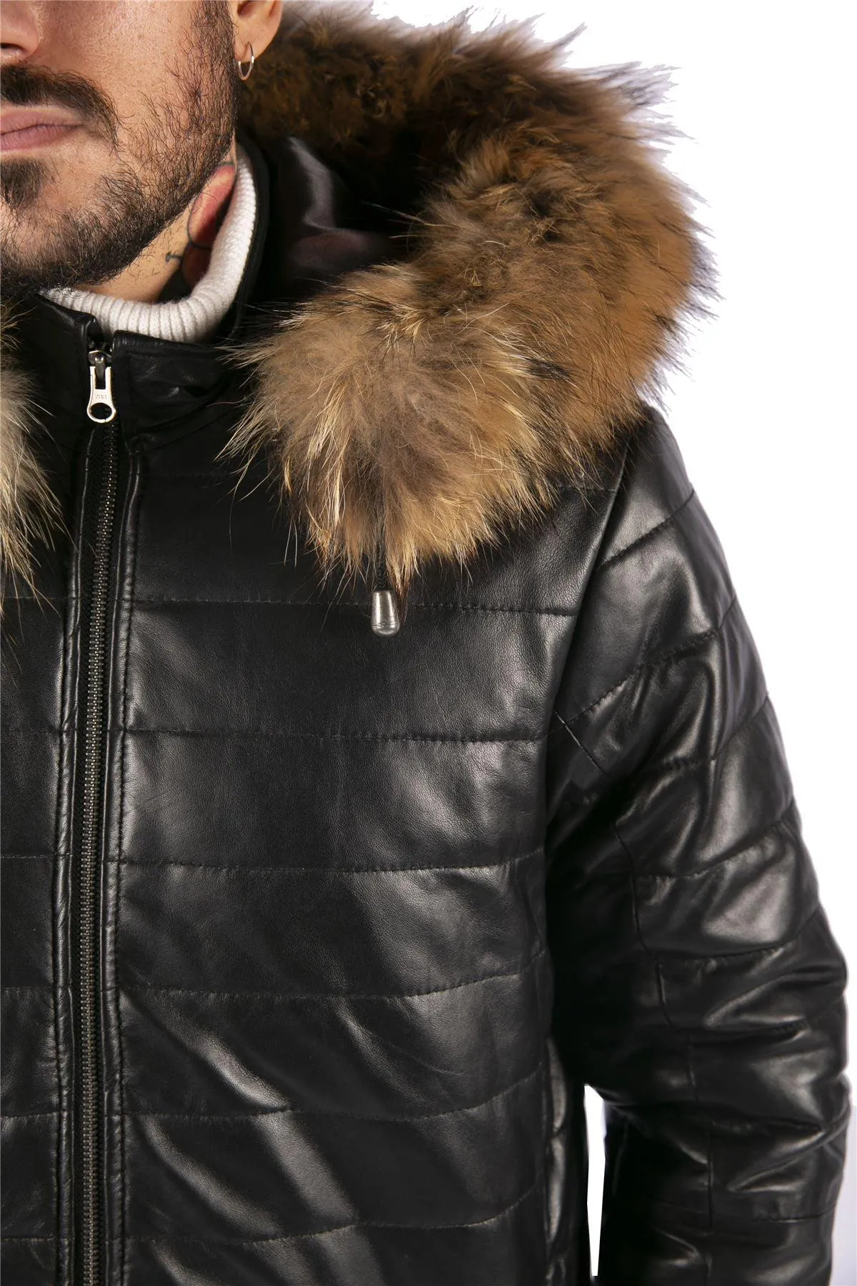 Men's Leather Black Puffer Jacket With Hood Warm Zipped