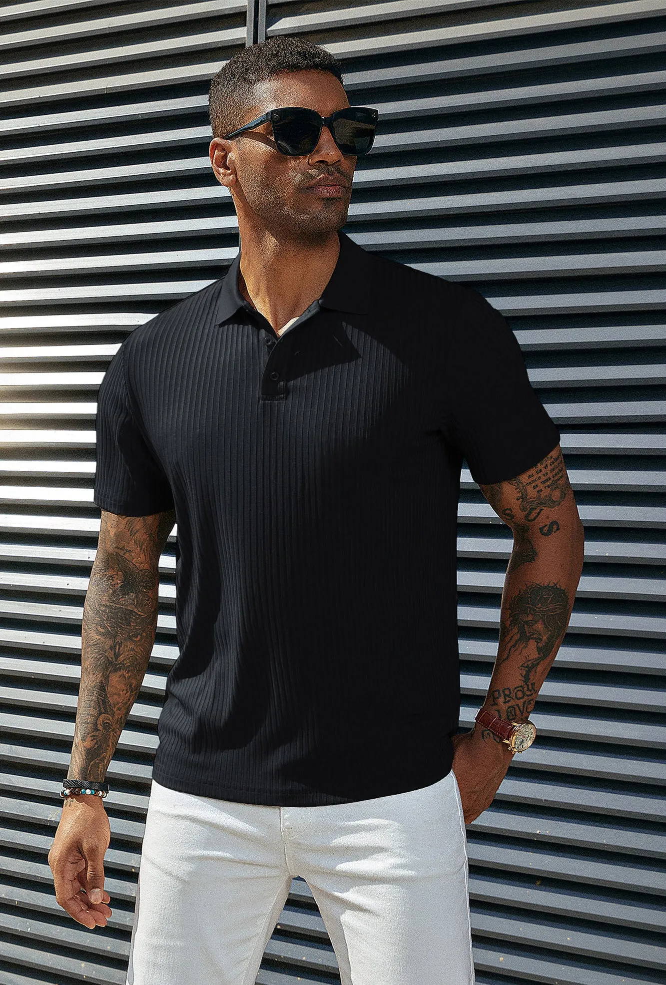 Mens Polo Shirts Textured Knit Short Sleeve Stretchy Golf Shirts