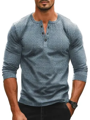 Men's Retro Geometric Print Casual Henley Neck Long Sleeve T-Shirt