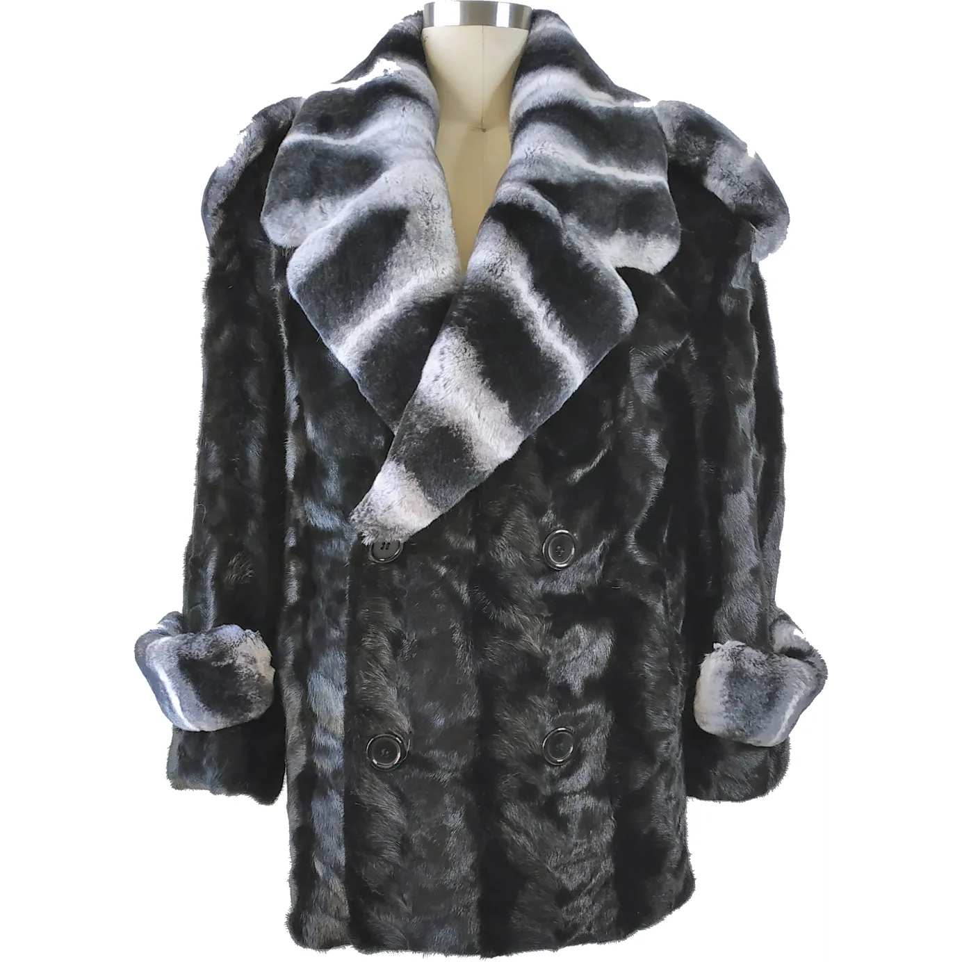 Mink Paws Pea Coat w/ Rex Rabbit Collar - Black