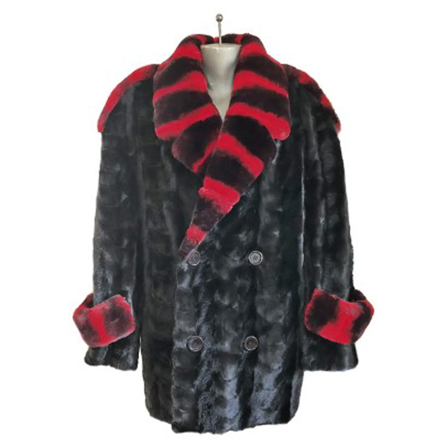 Mink Paws Pea Coat w/Red Rex Rabbit Collar - Black
