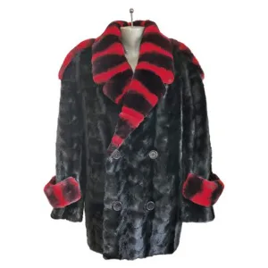 Mink Paws Pea Coat w/Red Rex Rabbit Collar - Black