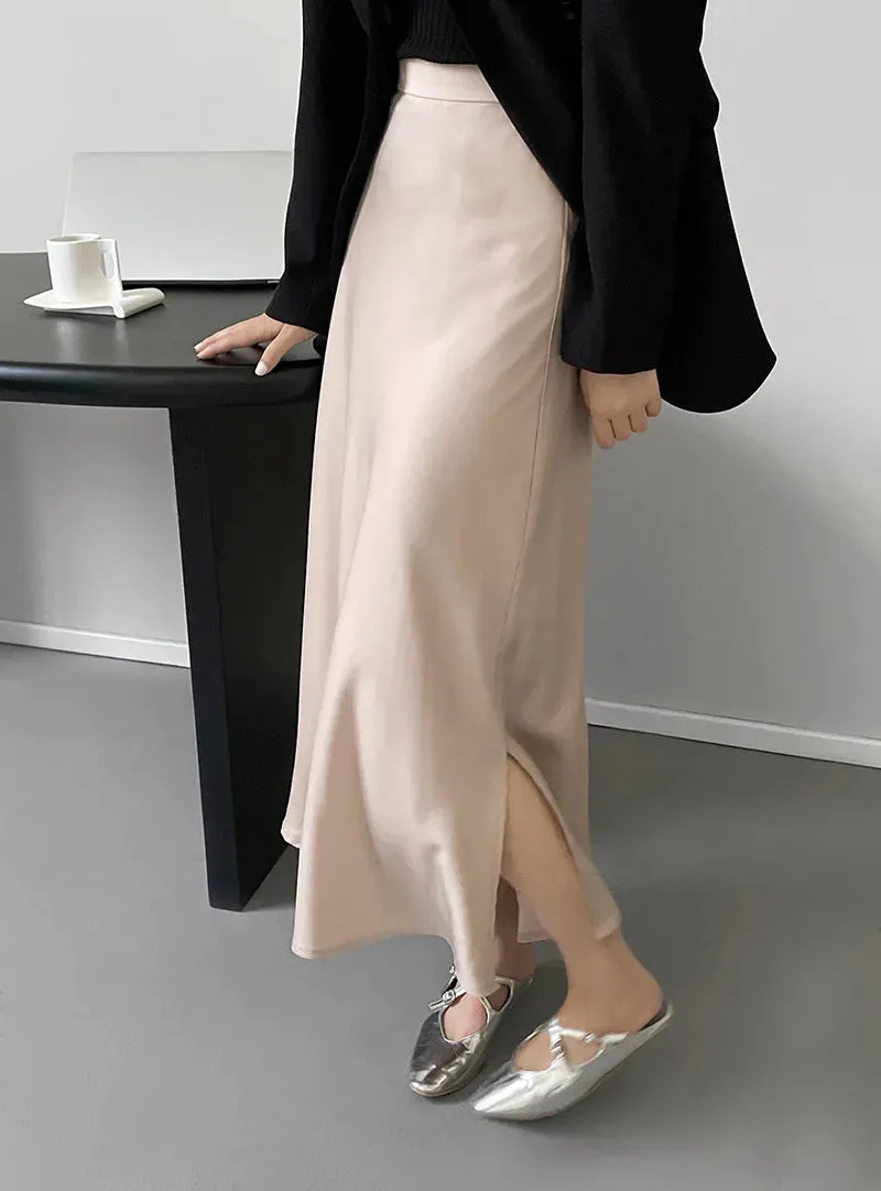 MQTIME  -  Silky Smooth Drooping Acetic Acid Satin Maxi Skirt Women's High Waisted Slim A Line Skirt