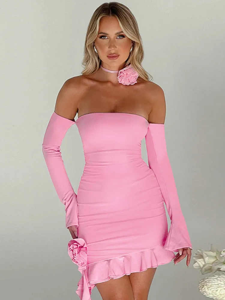 Phyllis Halter 3D Flower Ruffle Mini Dress