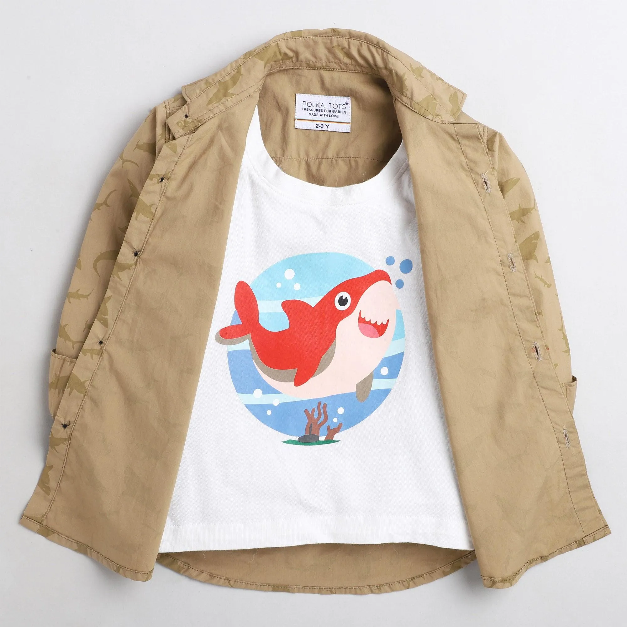 Polka Tots Cotton Full Sleeves Dolphin Print Shirt With Attached Tshirt - Brown