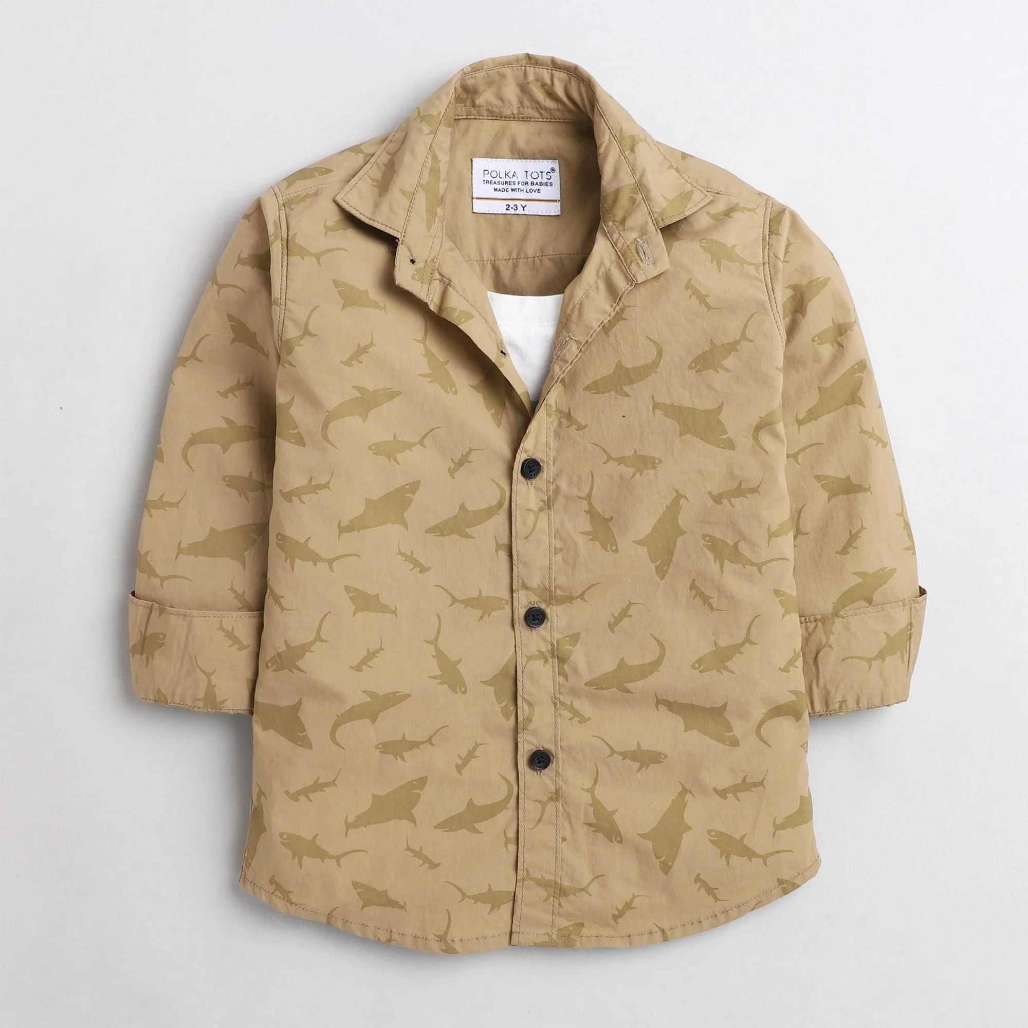 Polka Tots Cotton Full Sleeves Dolphin Print Shirt With Attached Tshirt - Brown