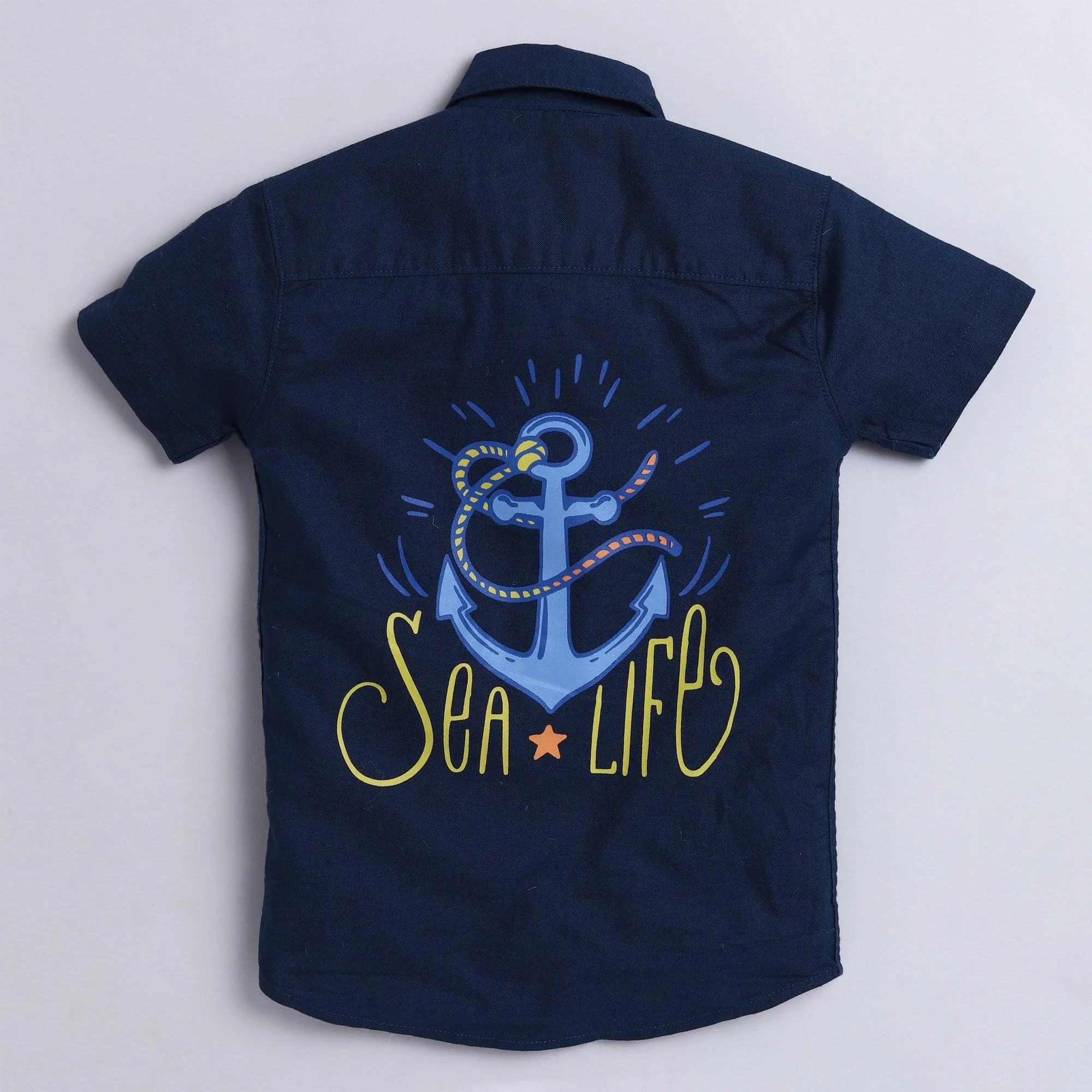 Polka Tots Full Half Sleeve Shirt 2 Pockets Boat Patch - Navy Blue