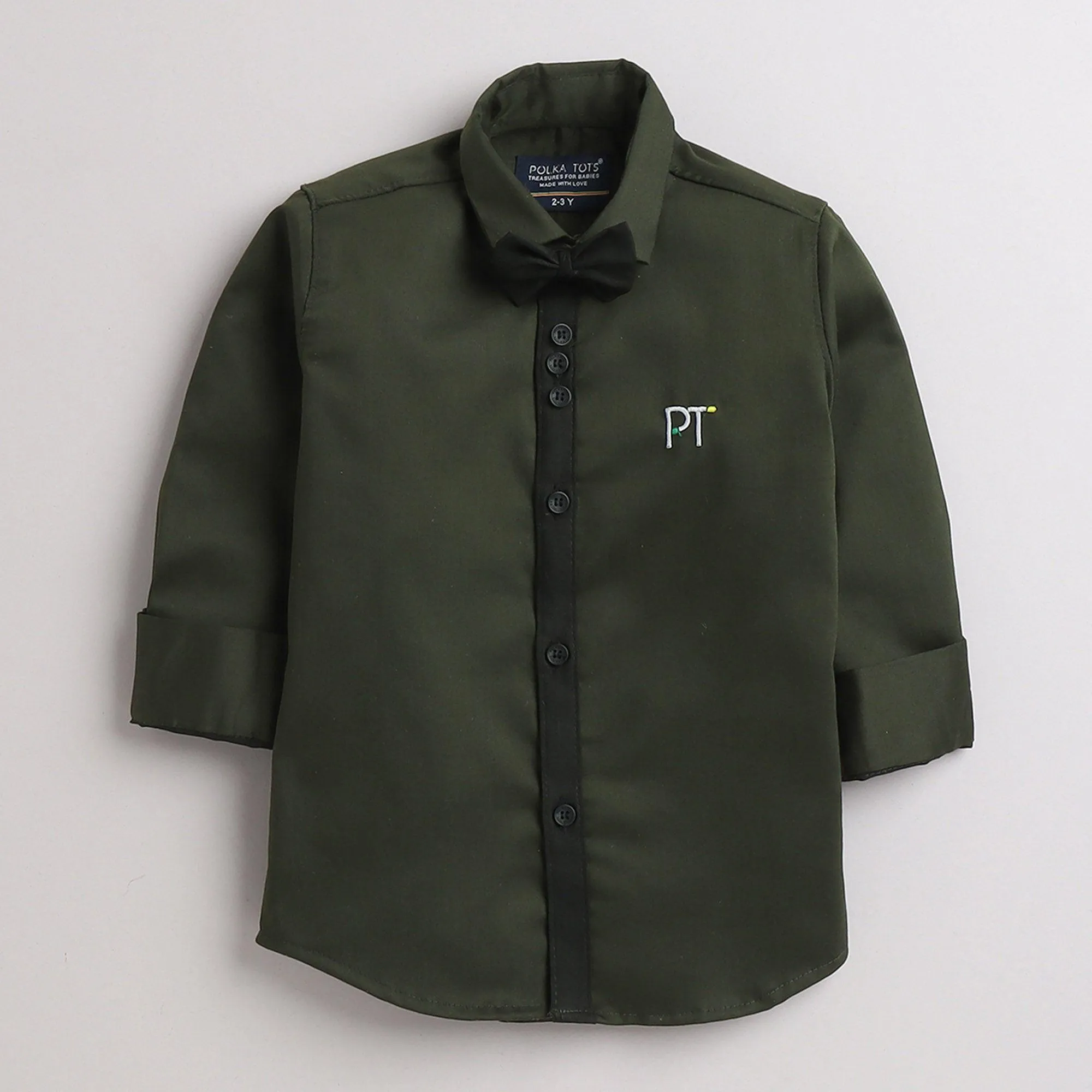Polka Tots Full Sleeve Party Wear Reverse Collar Placket With Bow Tie Shirt - Green