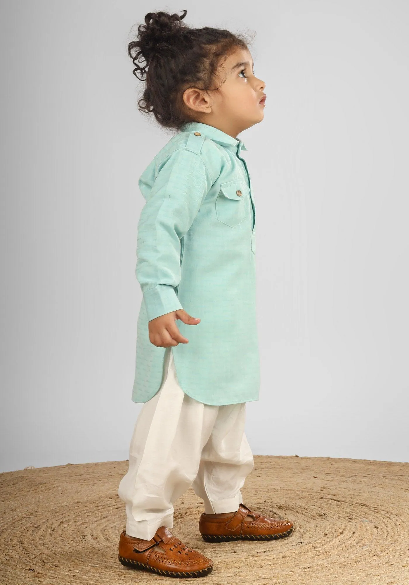 Polka Tots Full Sleeves Pathani Set - Aqua