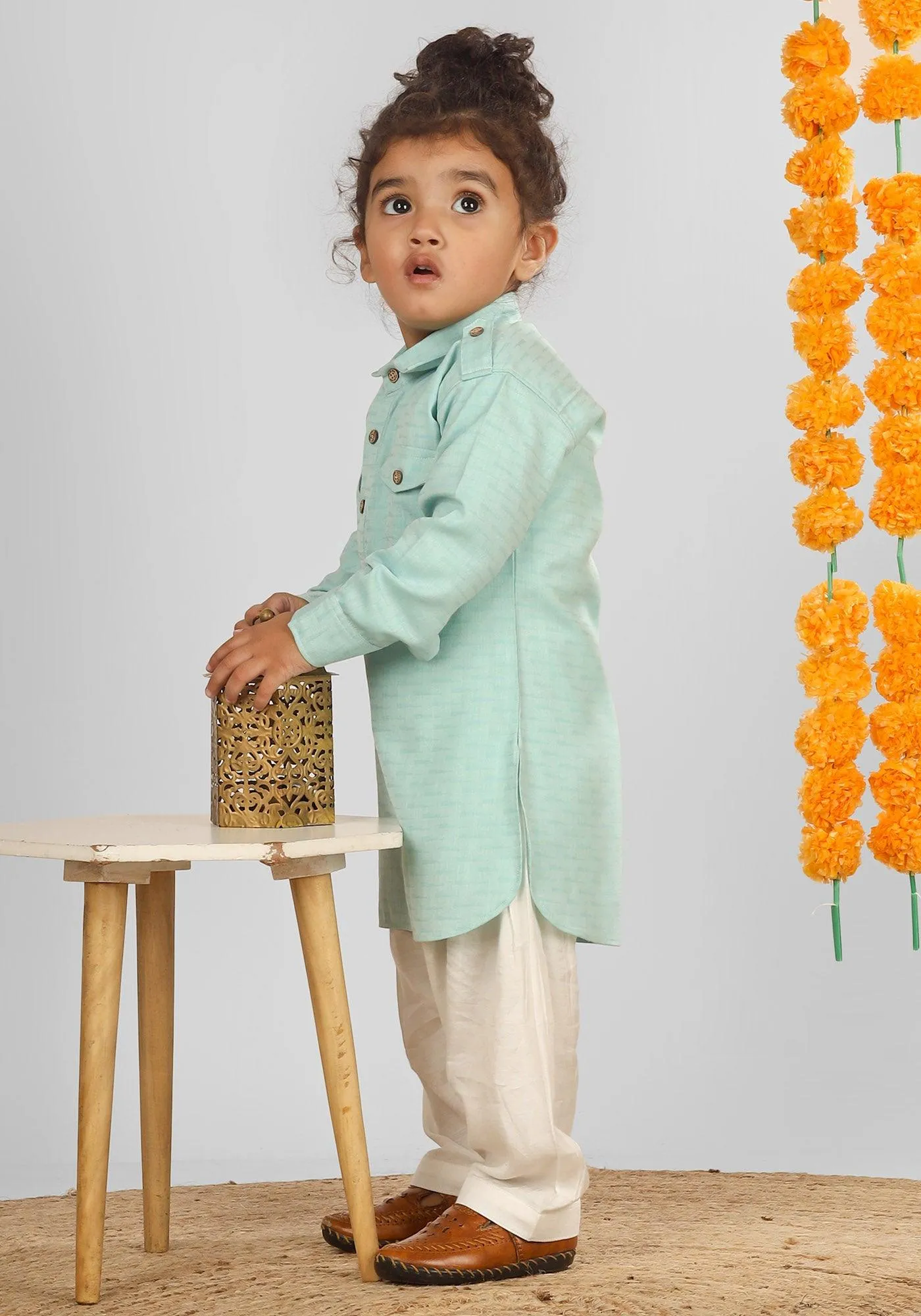 Polka Tots Full Sleeves Pathani Set - Aqua
