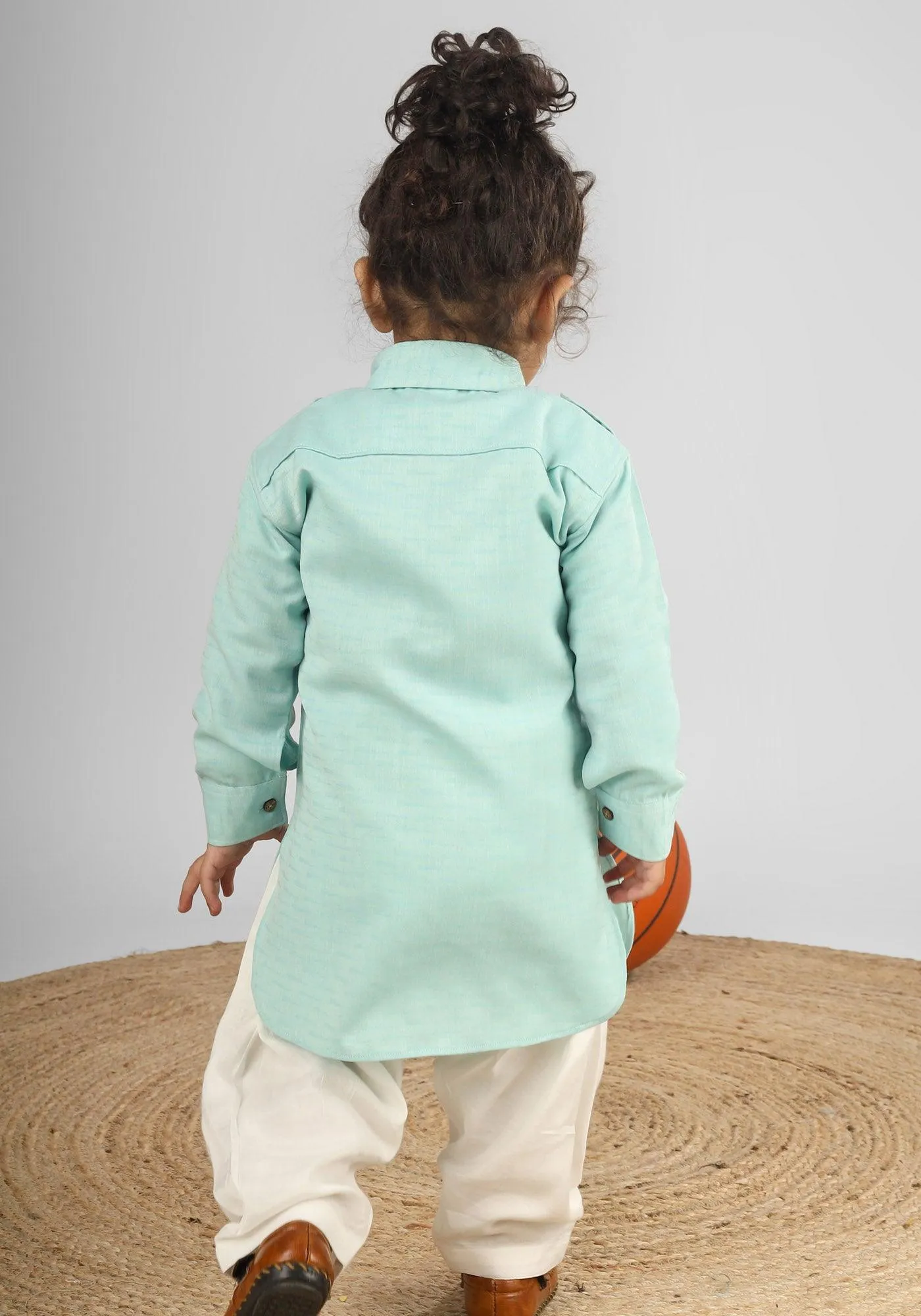 Polka Tots Full Sleeves Pathani Set - Aqua