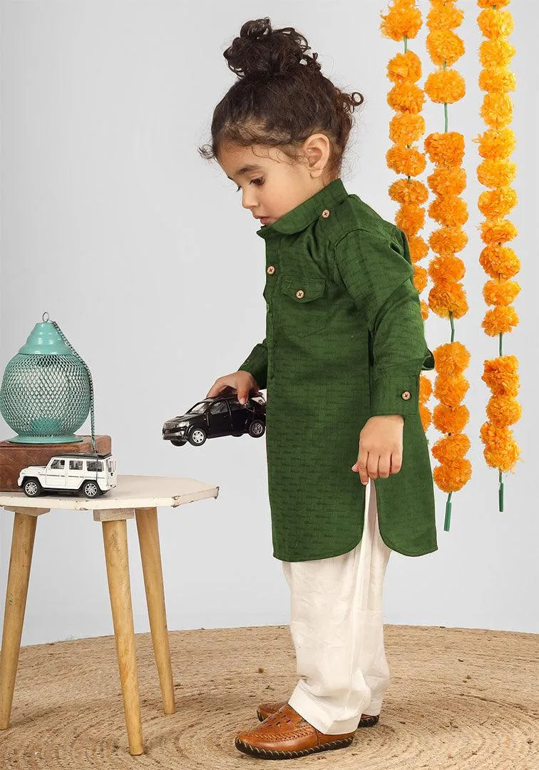 Polka Tots Full Sleeves Pathani Set - Green