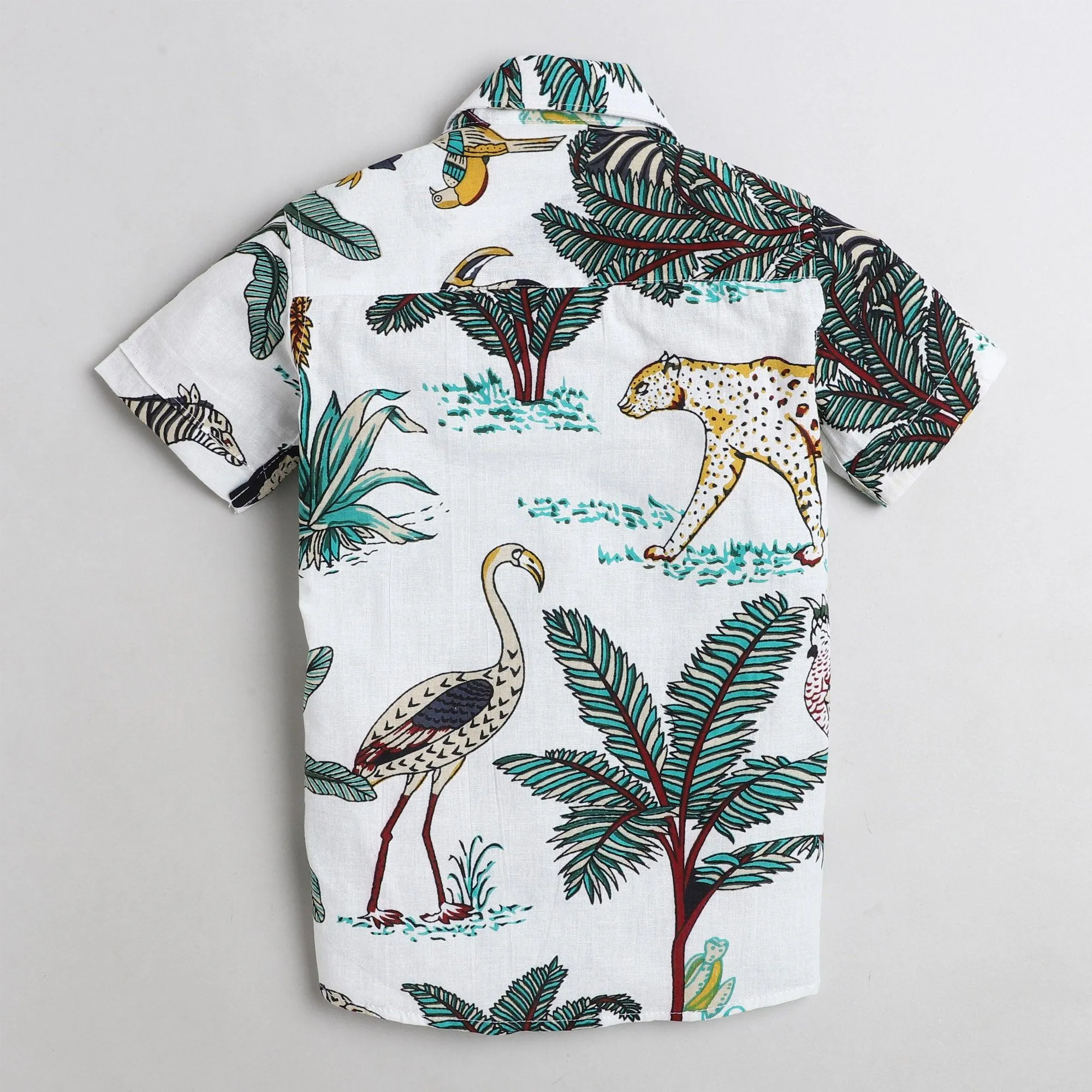 Polka Tots Half Sleeve Shirt 100% Cotton Beach With Animal Print - White