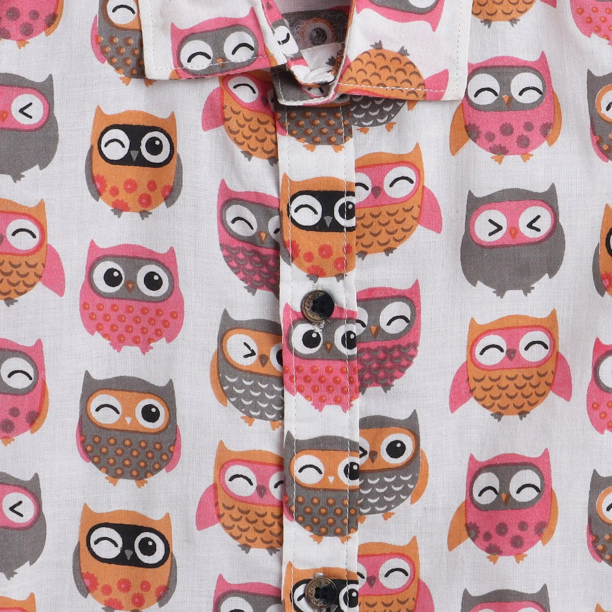 Polka Tots Half Sleeve Shirt Multi Color Owl Print - White