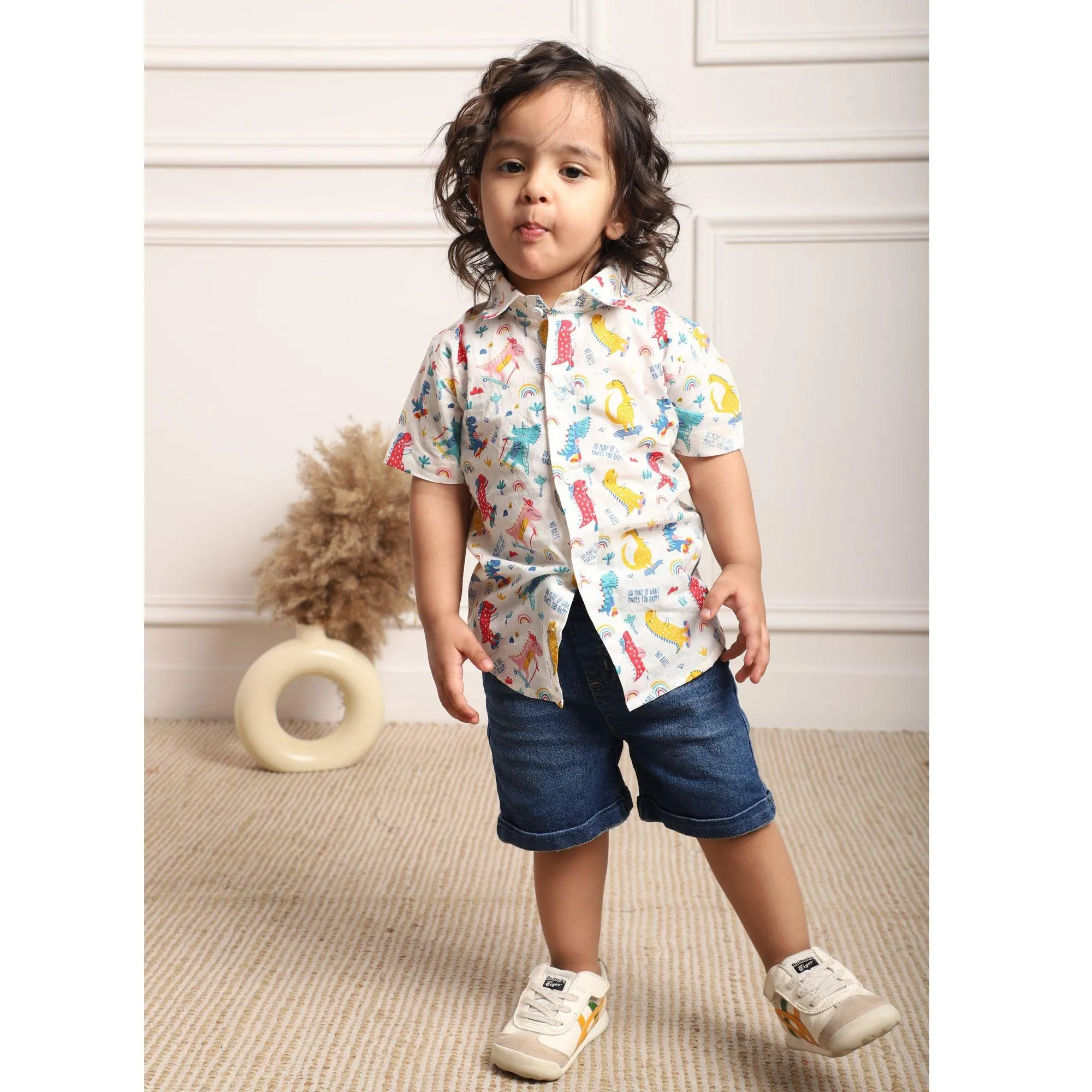 Polka Tots Half Sleeves Dinosour Print  Shirt - White