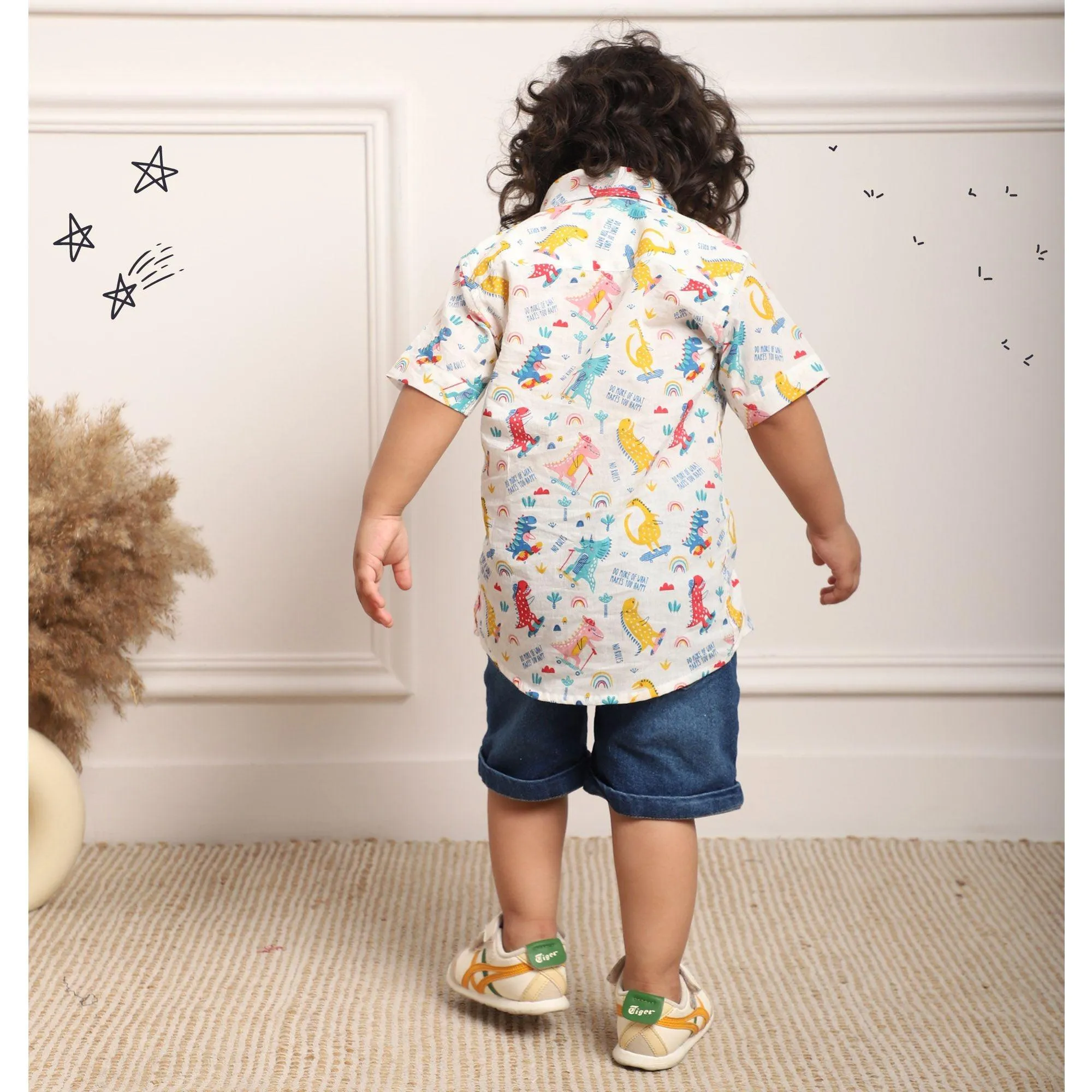 Polka Tots Half Sleeves Dinosour Print  Shirt - White