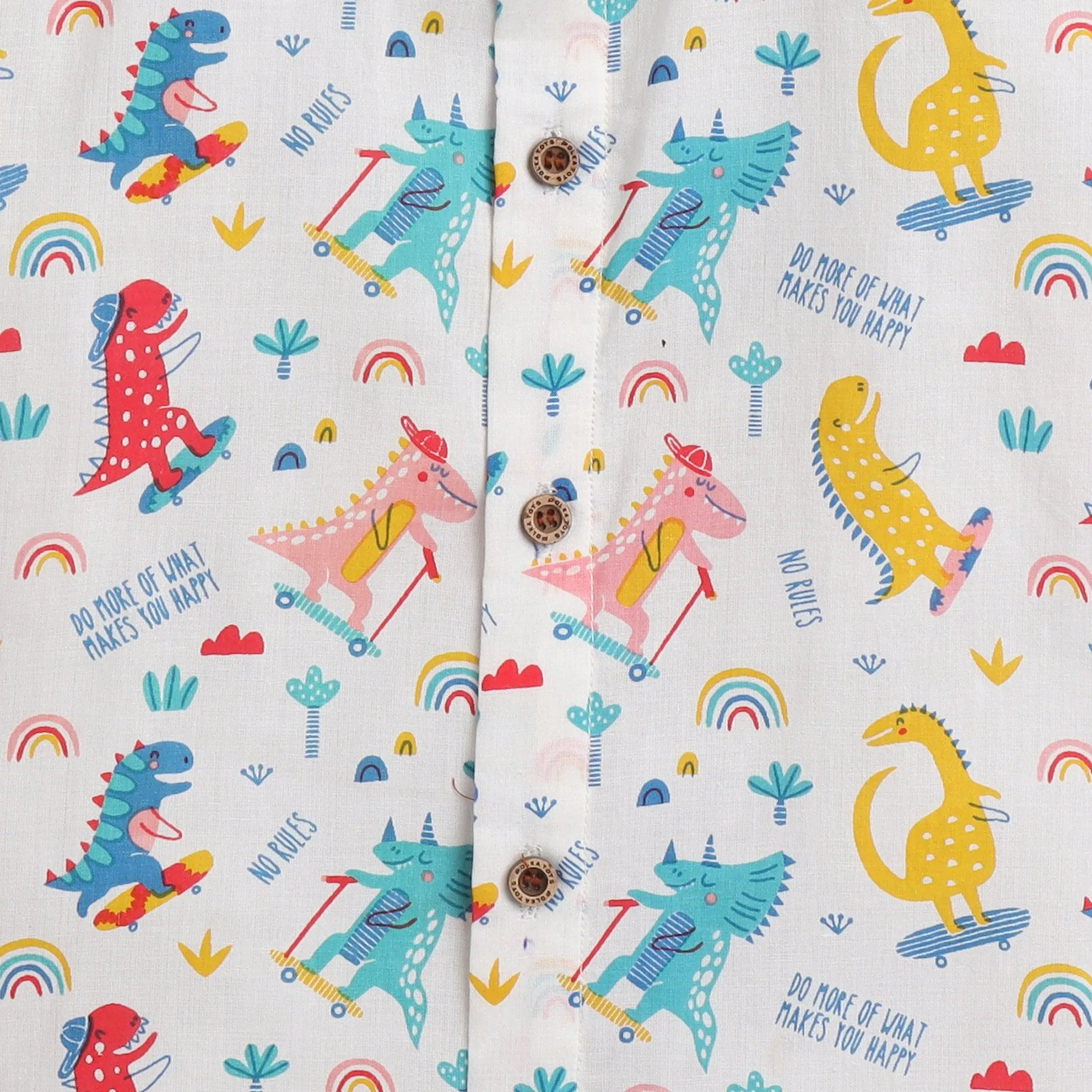Polka Tots Half Sleeves Dinosour Print  Shirt - White