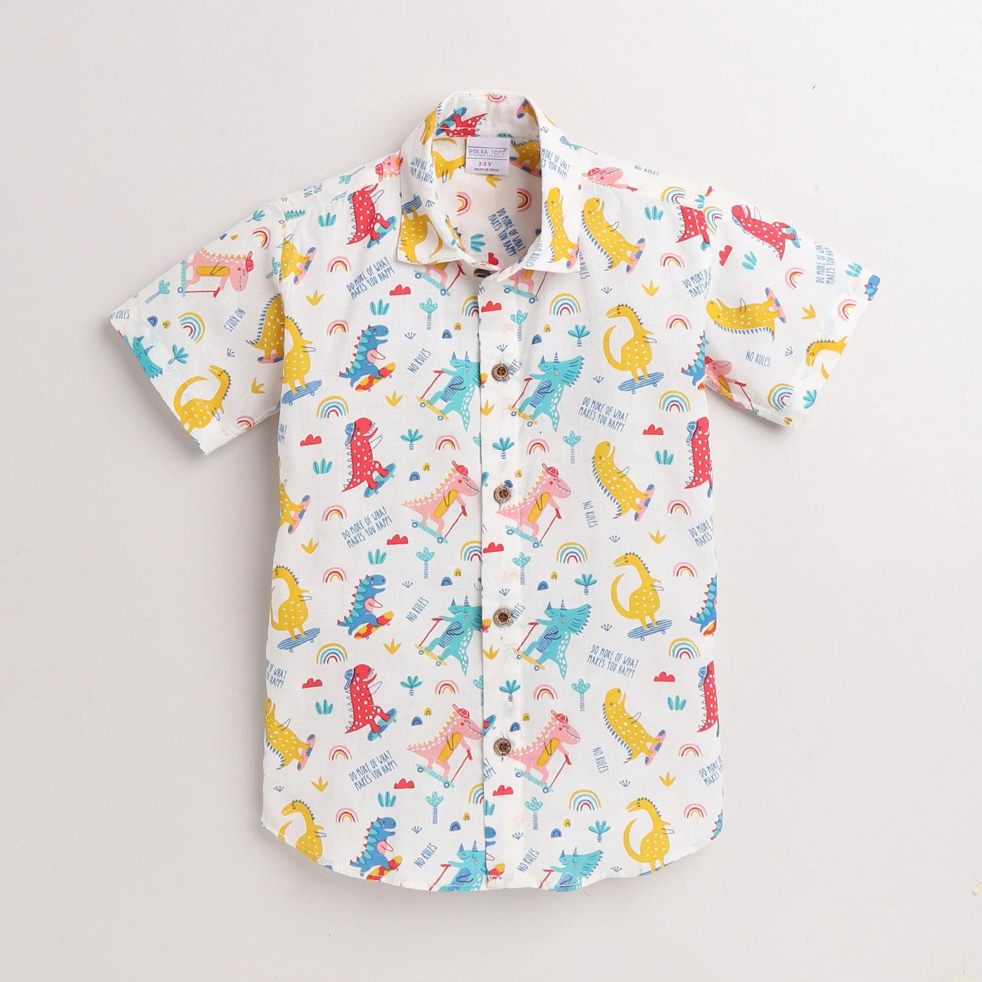 Polka Tots Half Sleeves Dinosour Print  Shirt - White