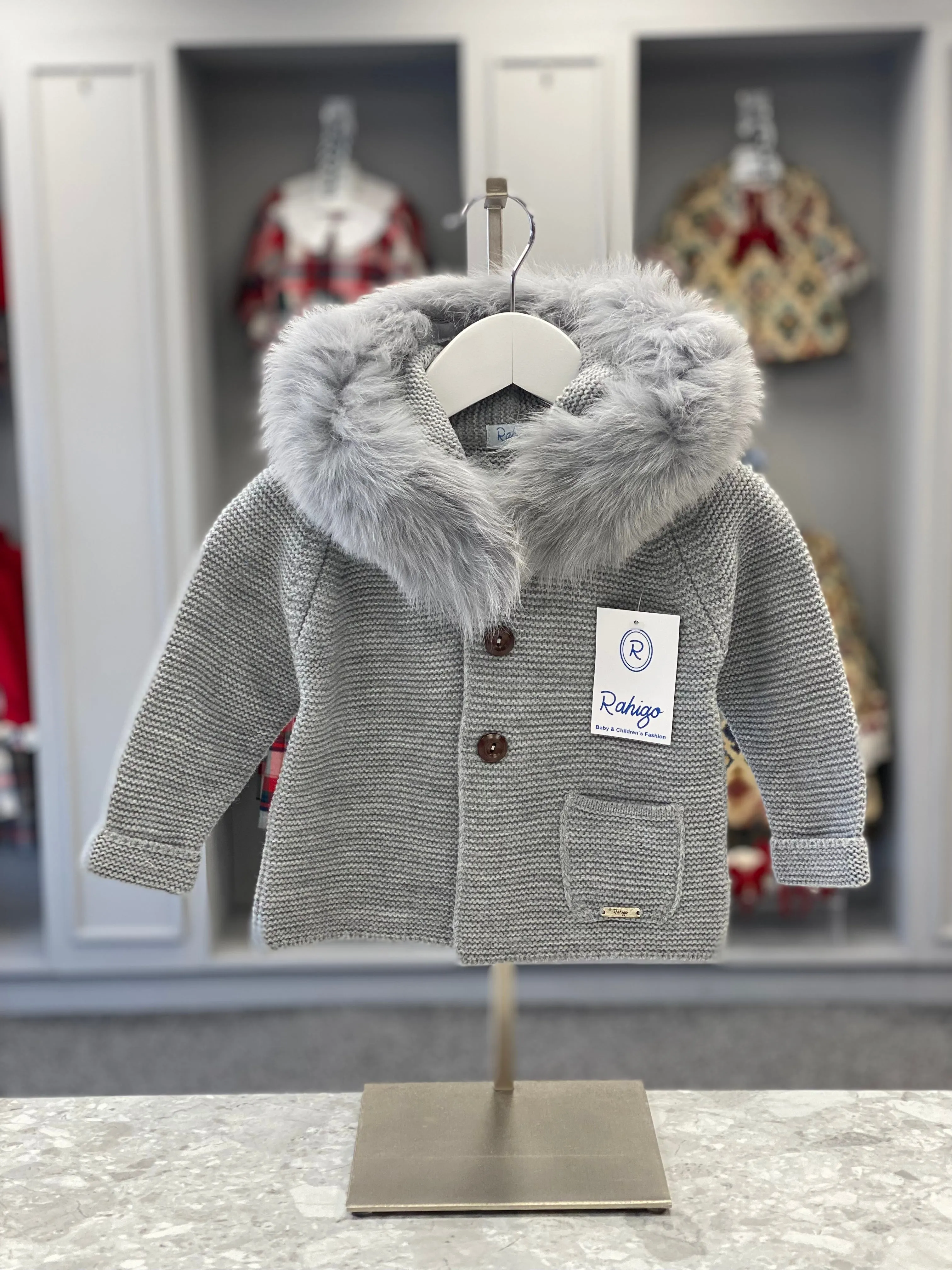 RAHIGO Fur Hood Grey Knitted Coat - CLEARANCE SALE