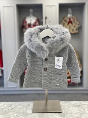 RAHIGO Fur Hood Grey Knitted Coat - CLEARANCE SALE