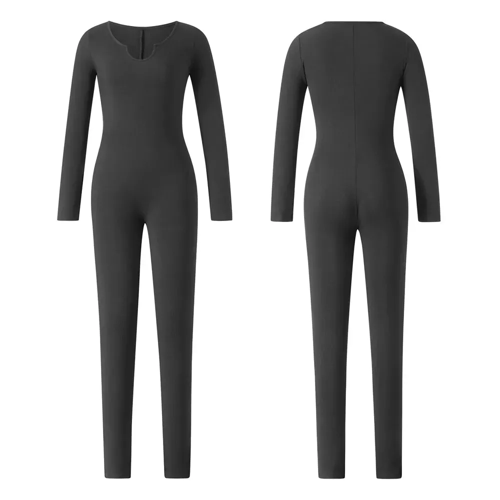Ribbed Tight Fitting Sport Workout Black Long Sleeve Bodycon Jumpsuit