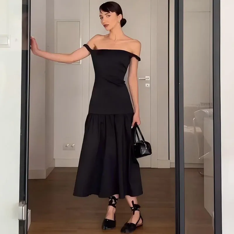 Rita Woman Sleeveless Solid Sexy Slash Neck Slim Fit Dress