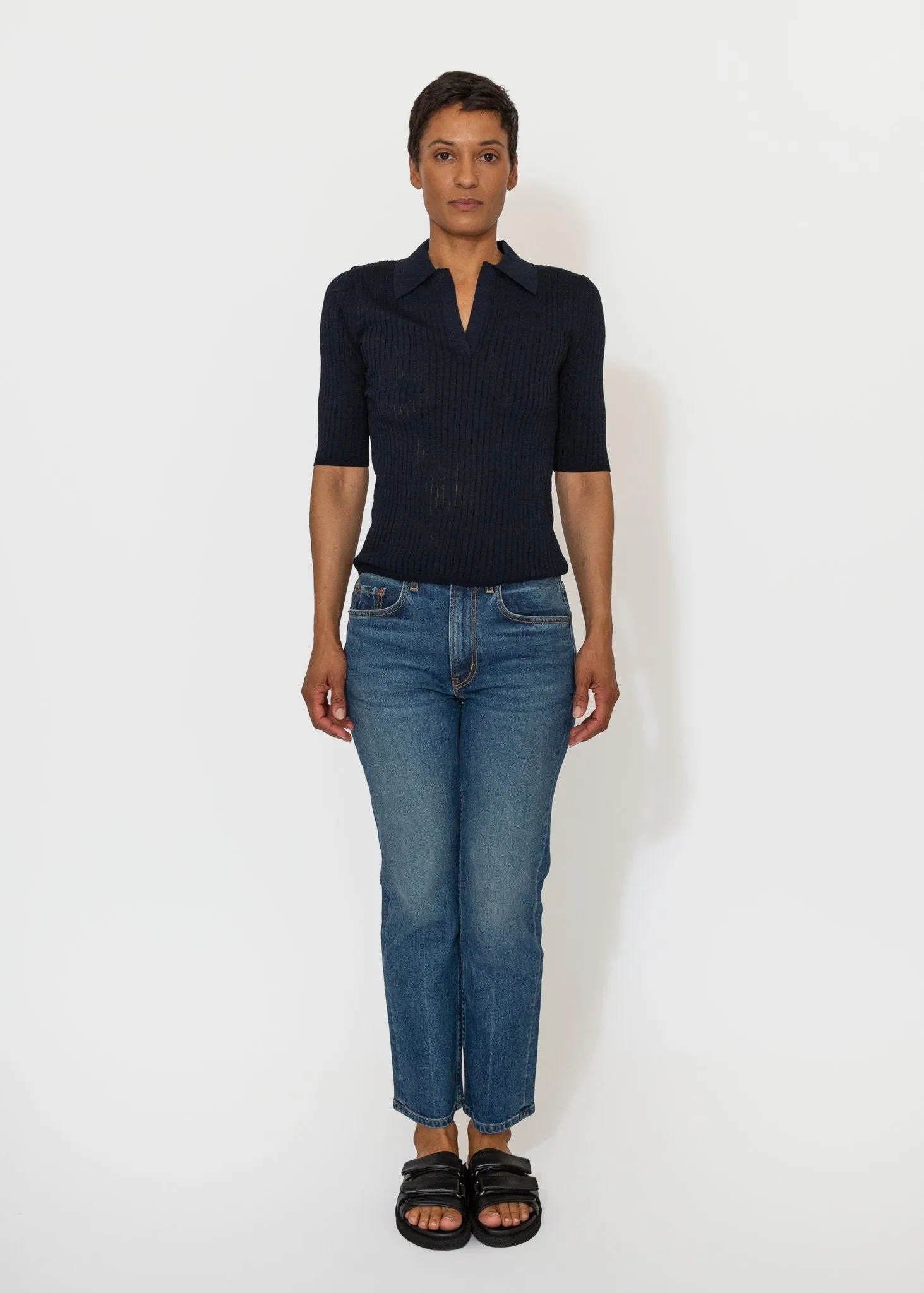 Sheer Ribbed Collared Top in Navy