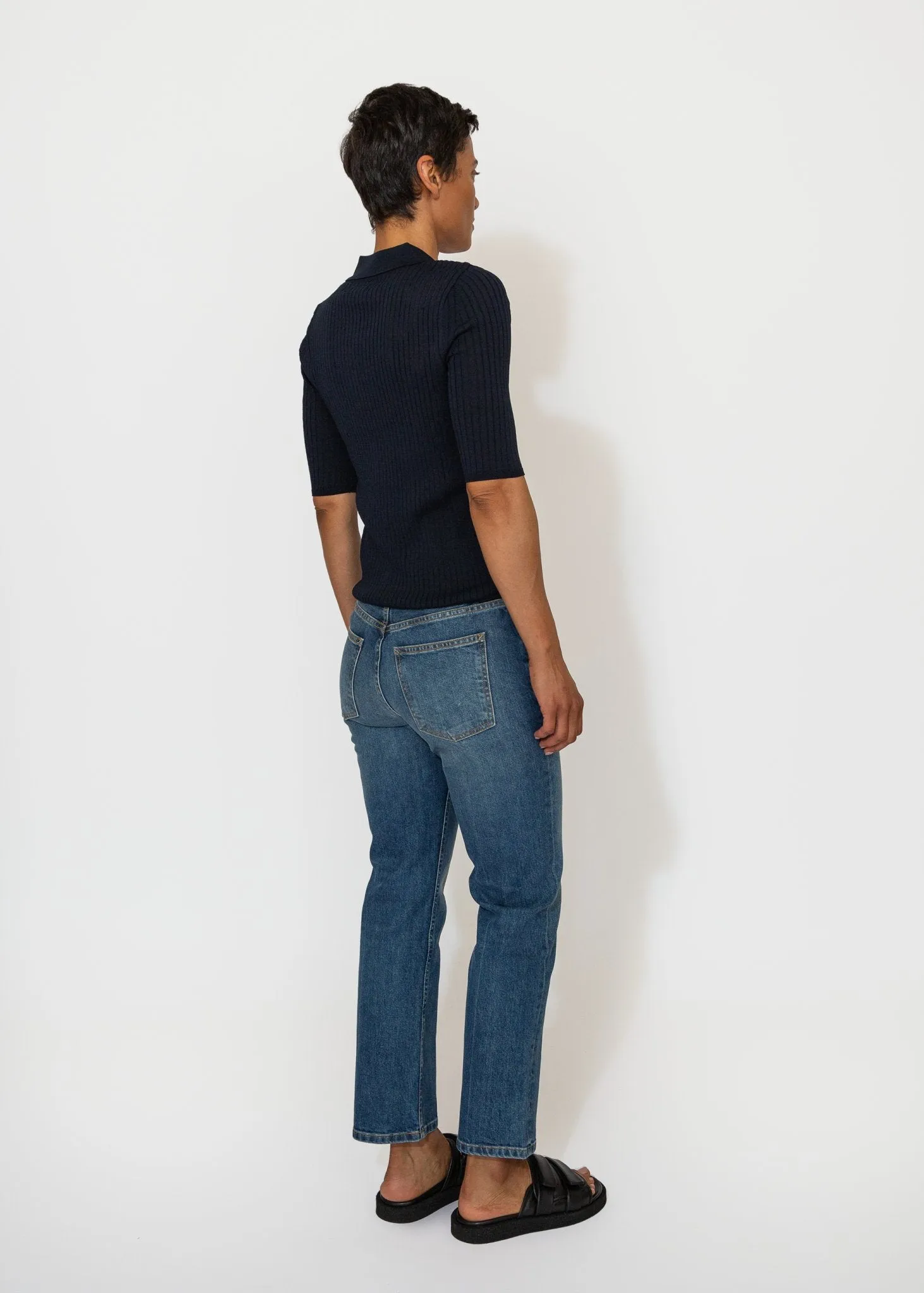 Sheer Ribbed Collared Top in Navy