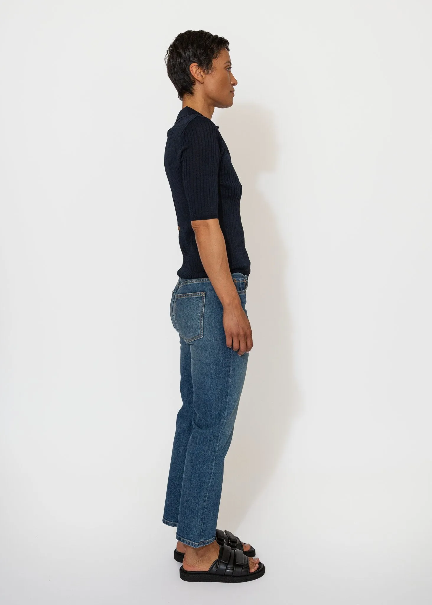 Sheer Ribbed Collared Top in Navy