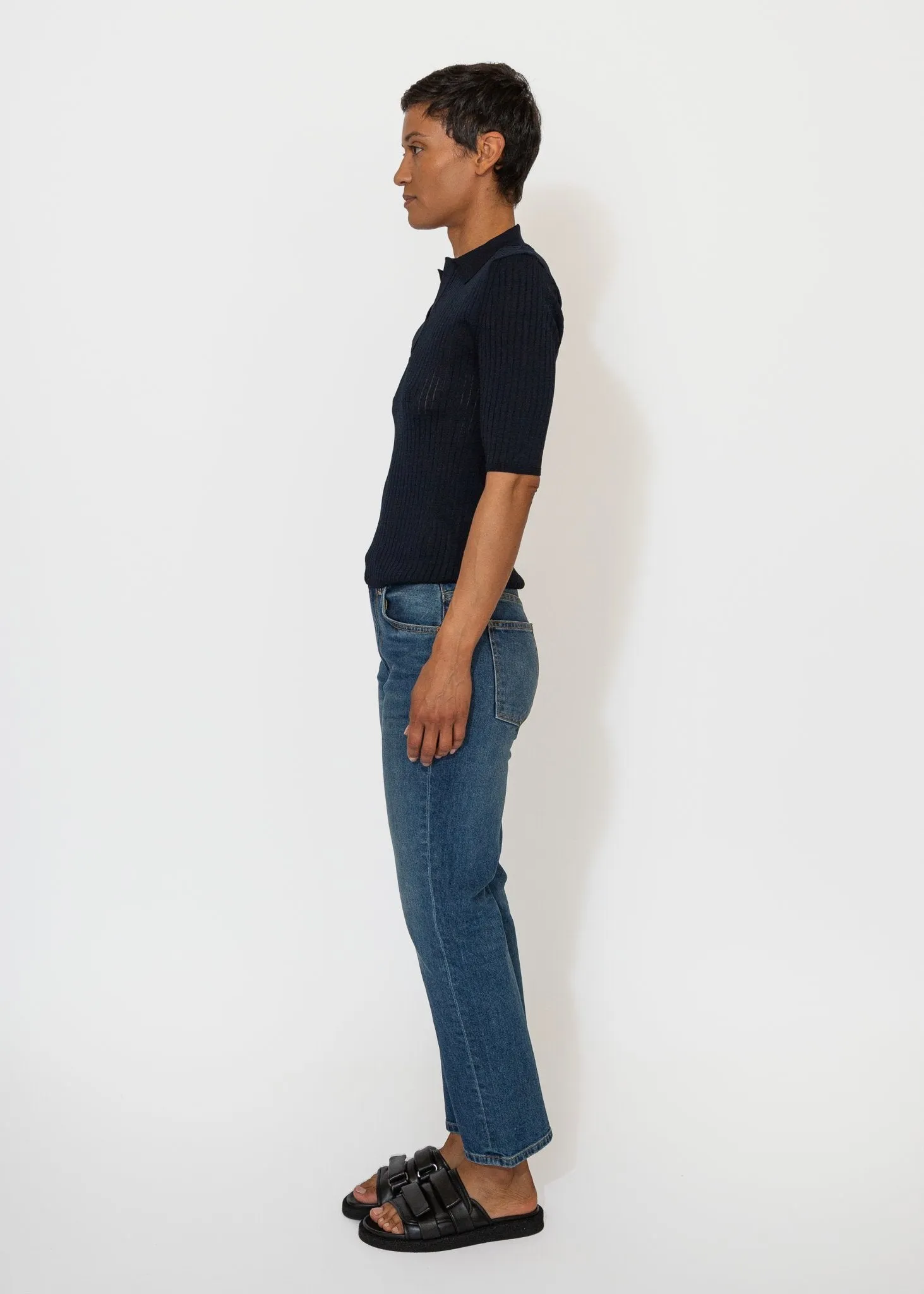 Sheer Ribbed Collared Top in Navy