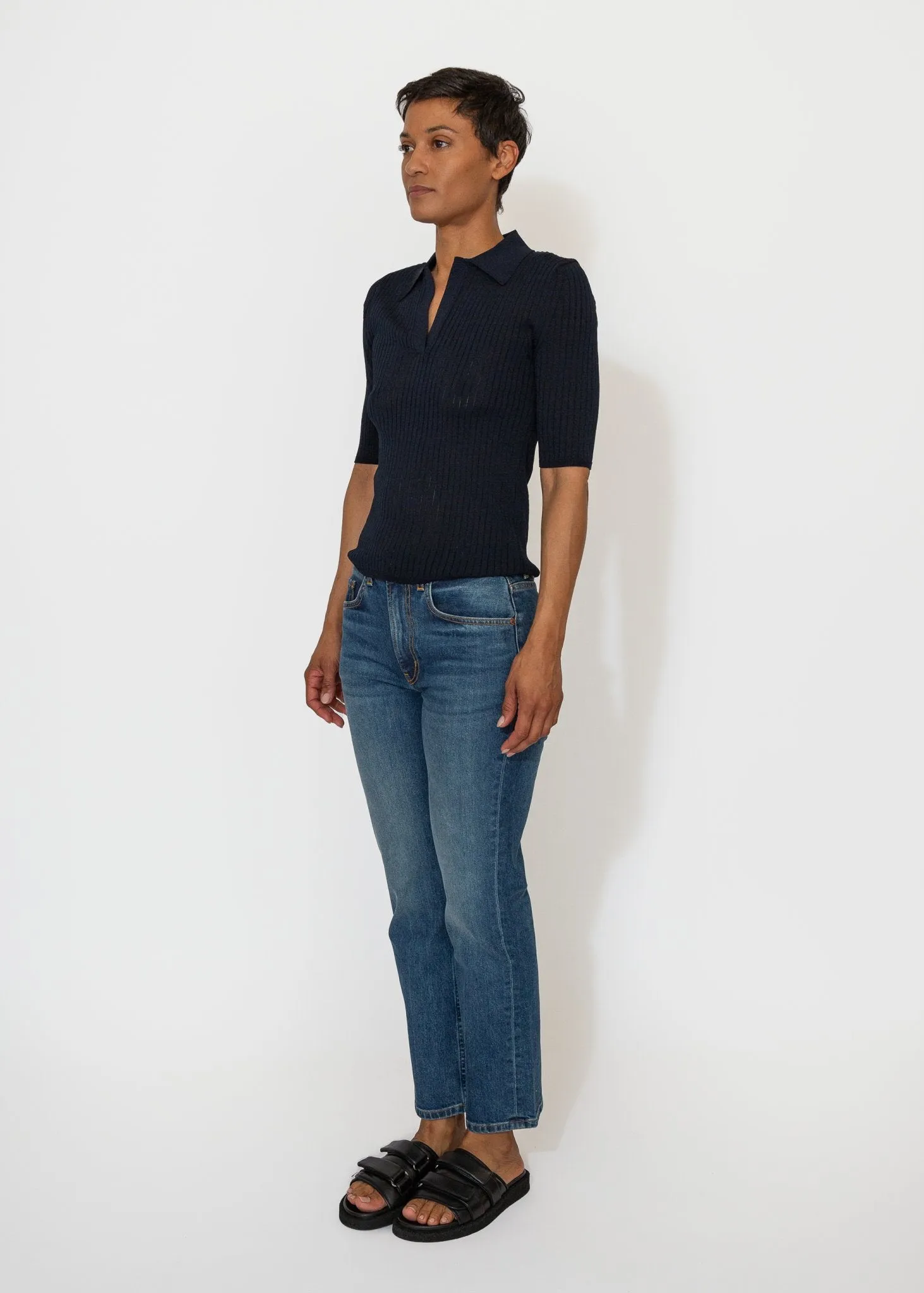 Sheer Ribbed Collared Top in Navy