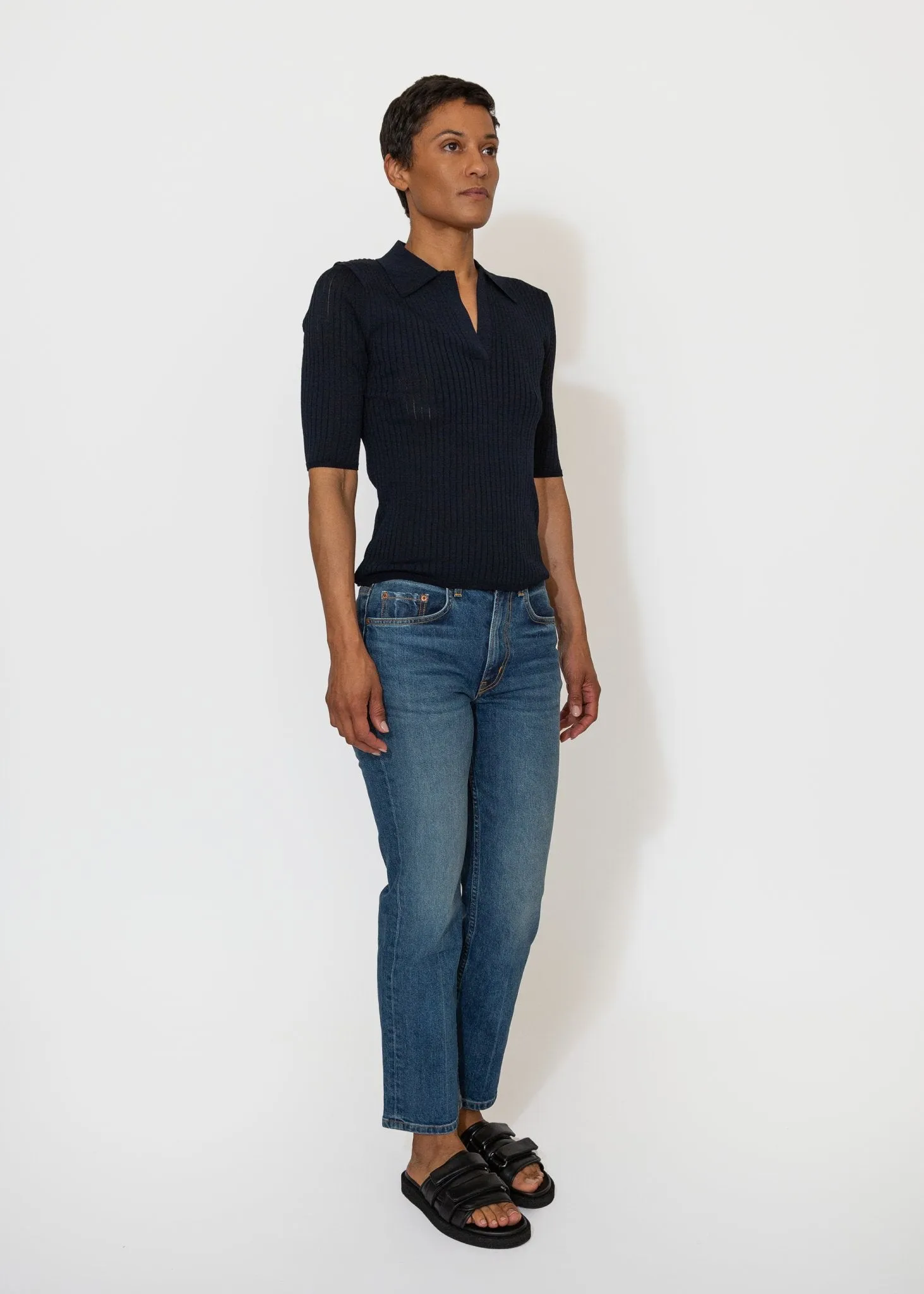 Sheer Ribbed Collared Top in Navy
