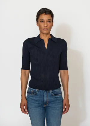 Sheer Ribbed Collared Top in Navy