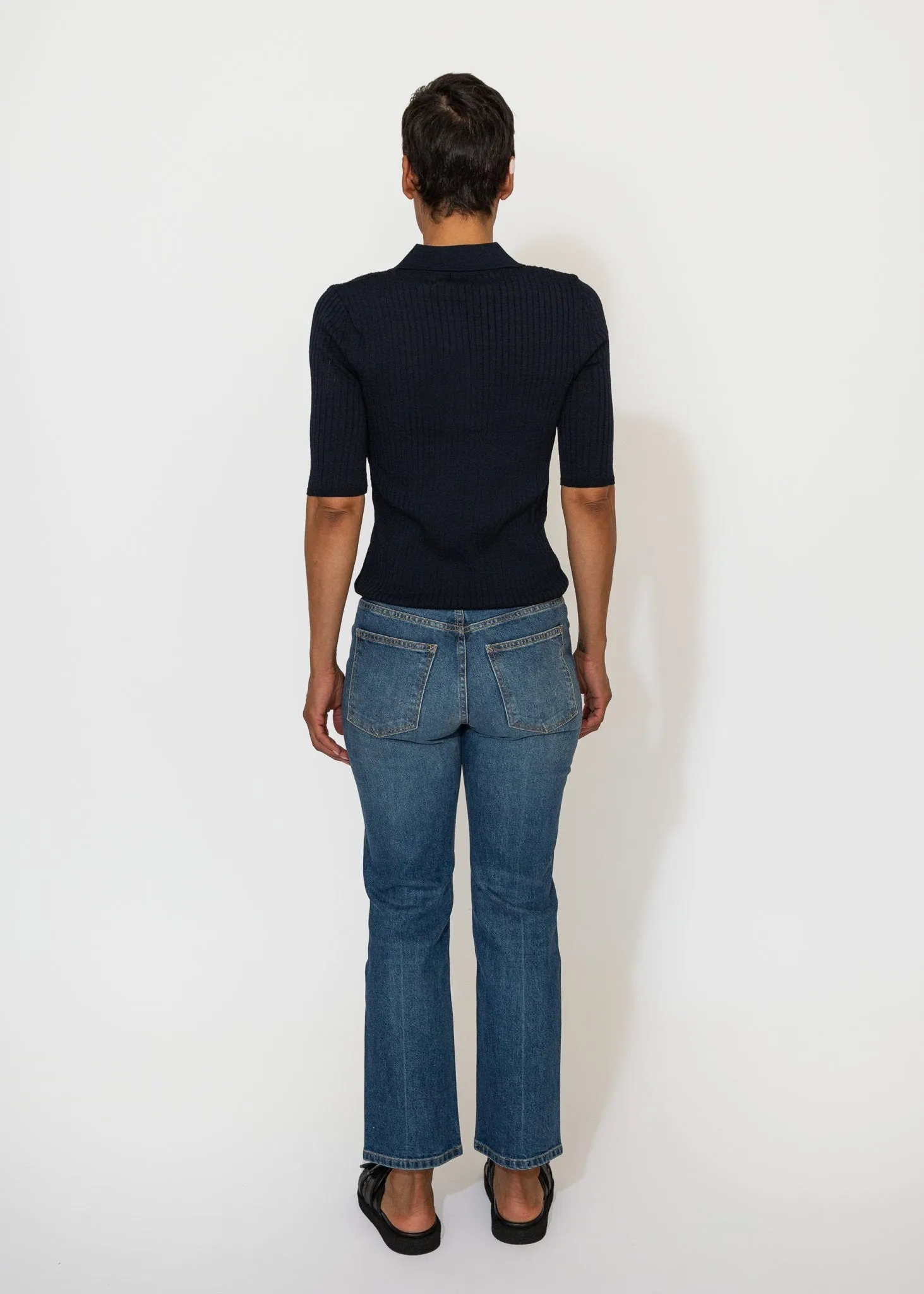 Sheer Ribbed Collared Top in Navy