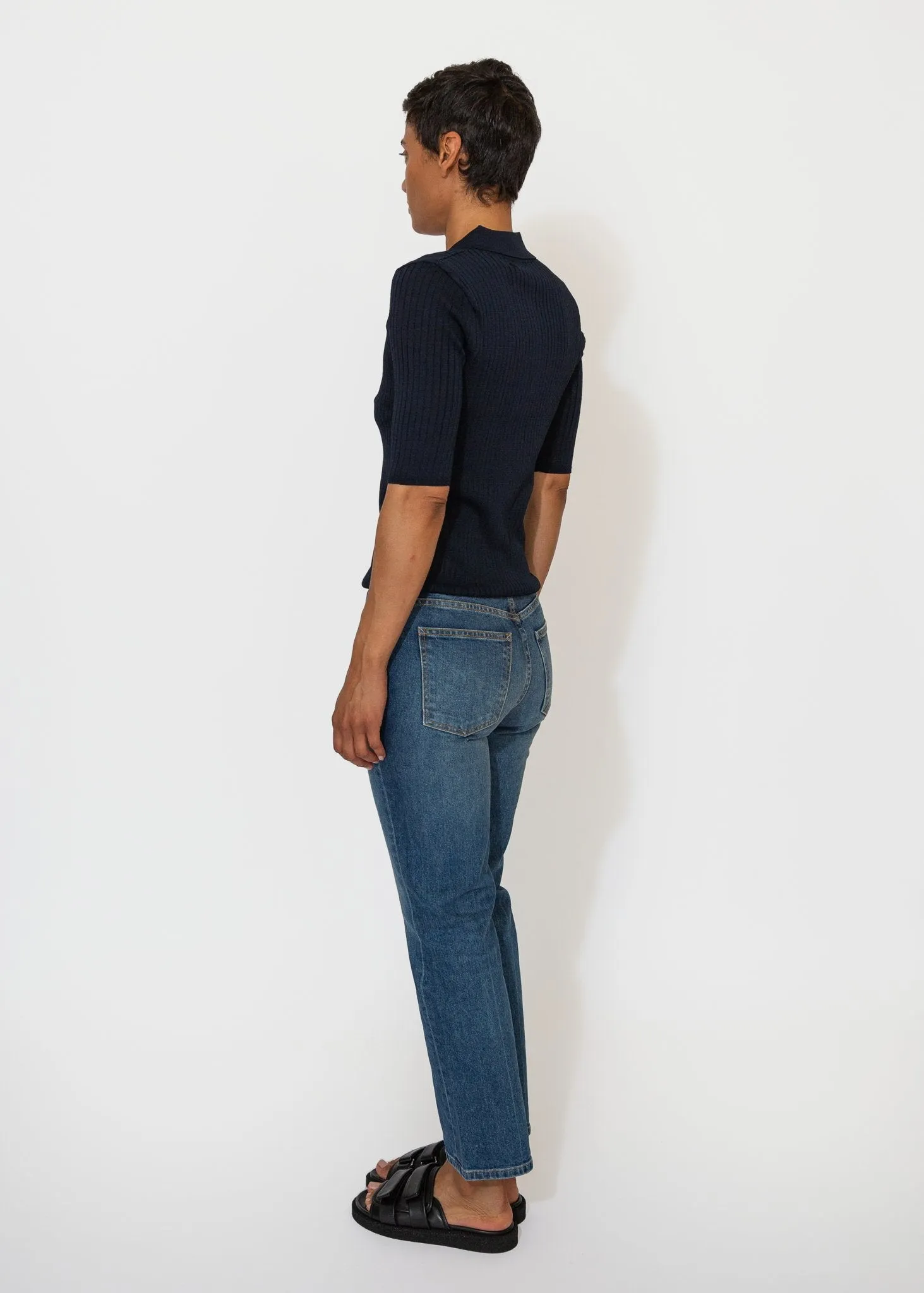 Sheer Ribbed Collared Top in Navy