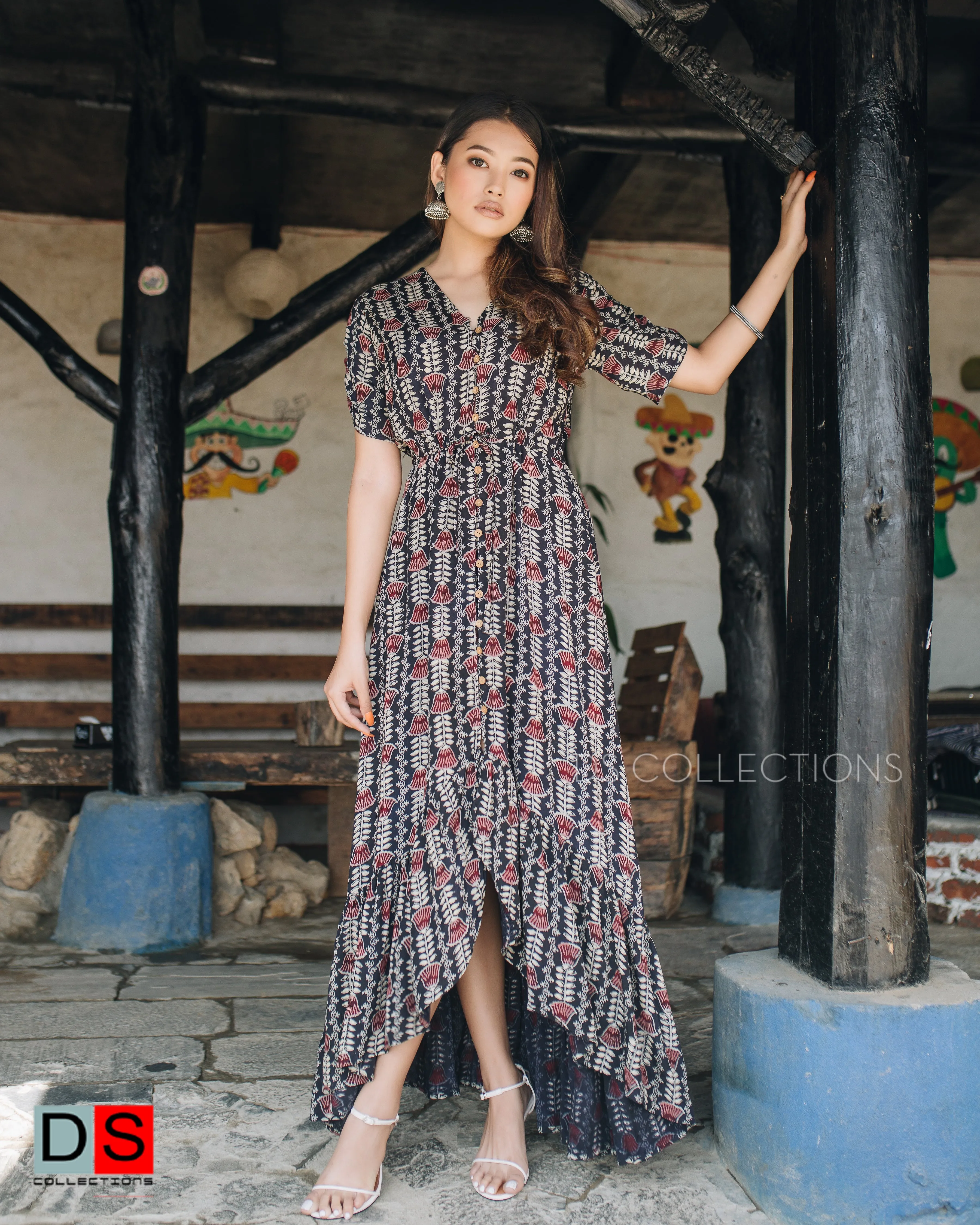 V-Neck Button Down High Low Maxi Dress