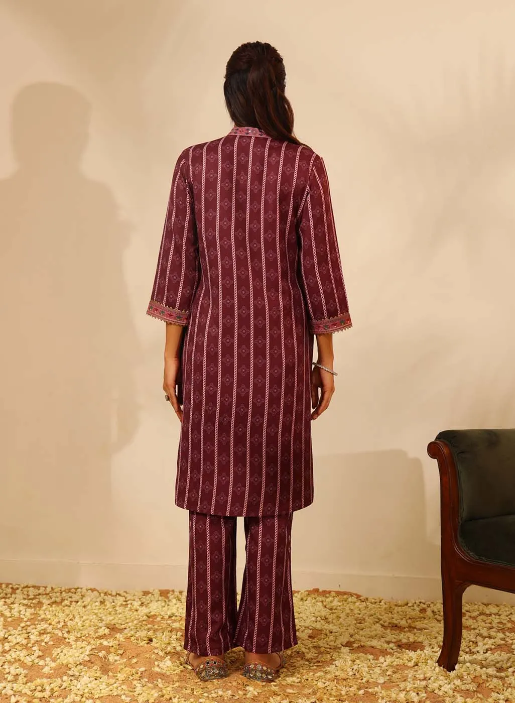 Wine Striped Kurta Set with Mirrorwork