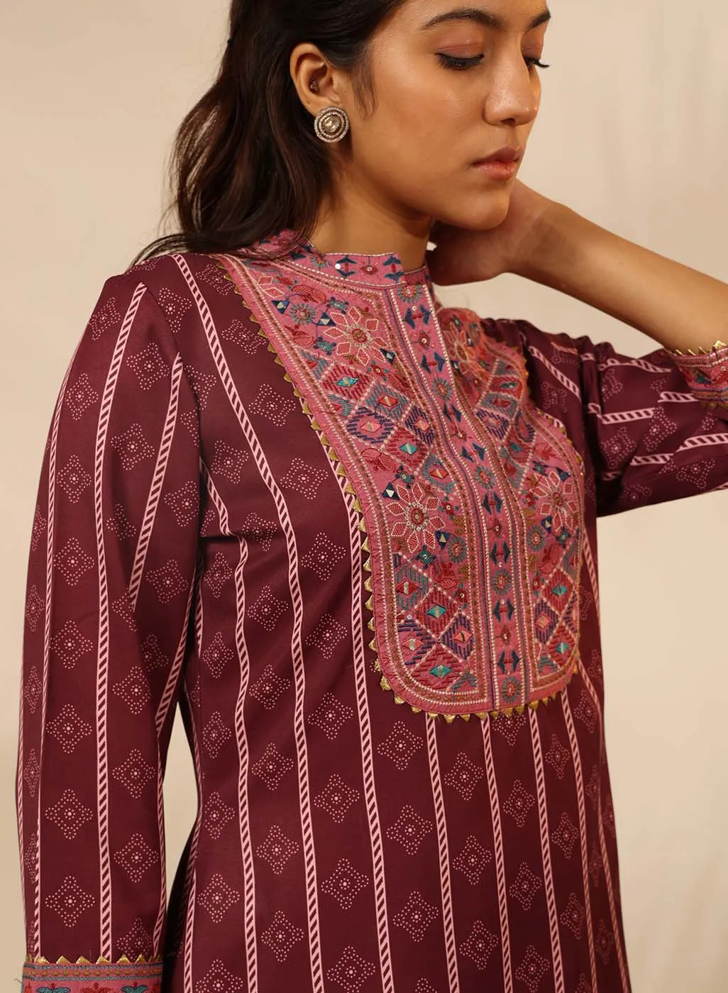 Wine Striped Kurta Set with Mirrorwork