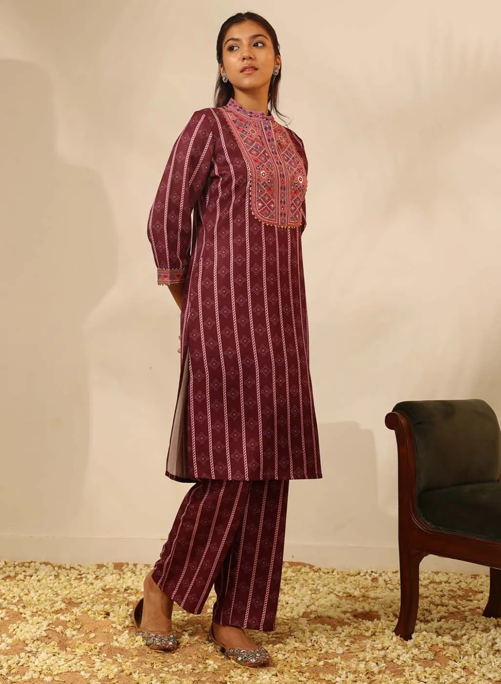 Wine Striped Kurta Set with Mirrorwork