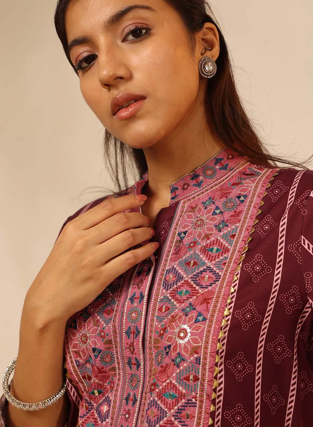 Wine Striped Kurta Set with Mirrorwork