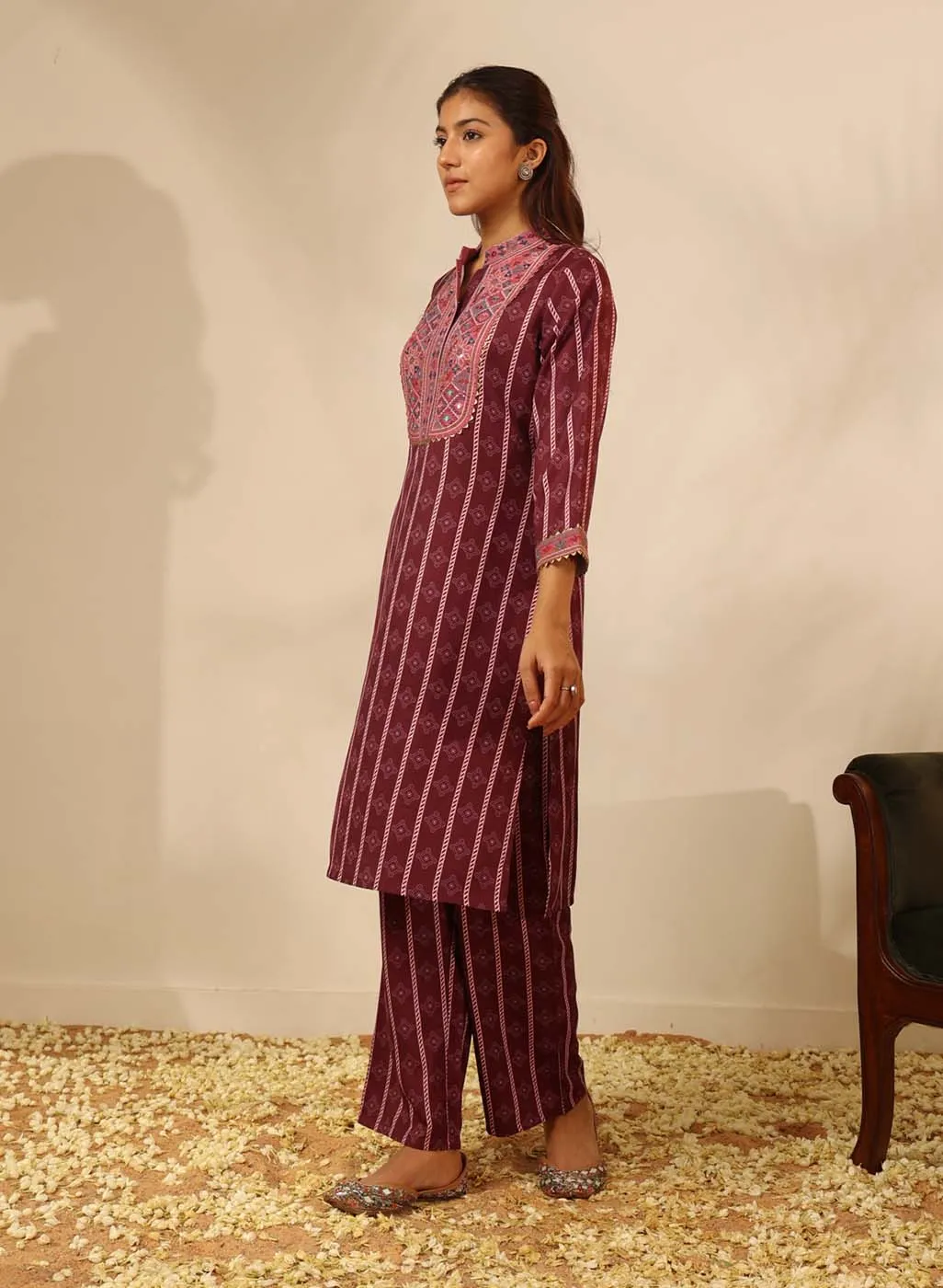 Wine Striped Kurta Set with Mirrorwork