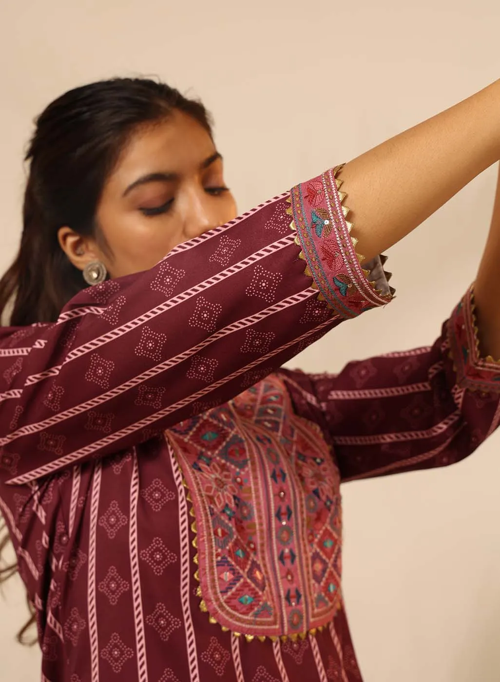 Wine Striped Kurta Set with Mirrorwork