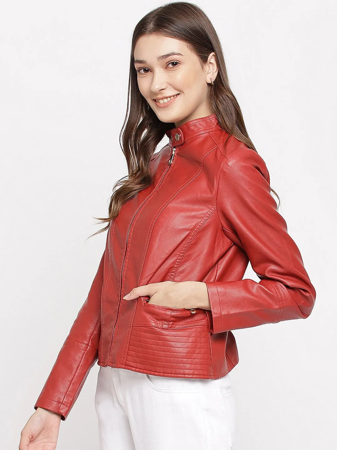 Women Red Leather Jacket | QAWACH