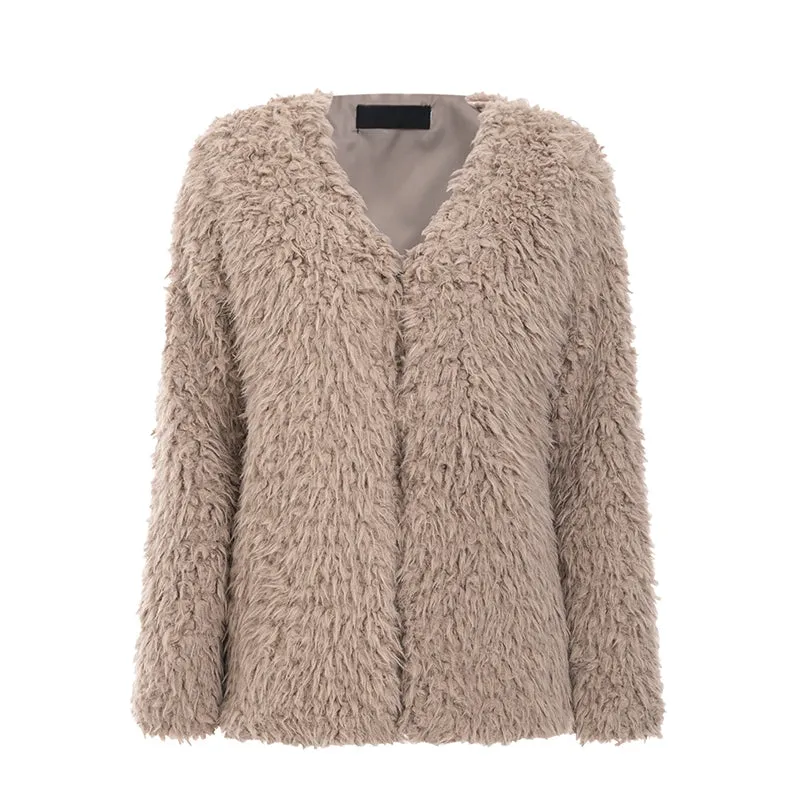 Women's Autumn & Winter V-Neck Furry Fur Coat