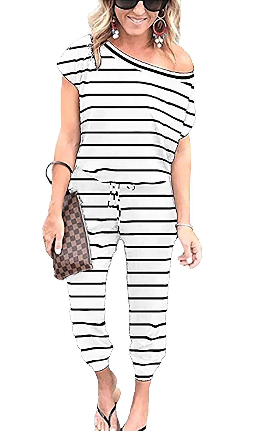 Women's Jumpsuits - Off Shoulder Short Sleeve Elastic Waist Romper  with Pockets