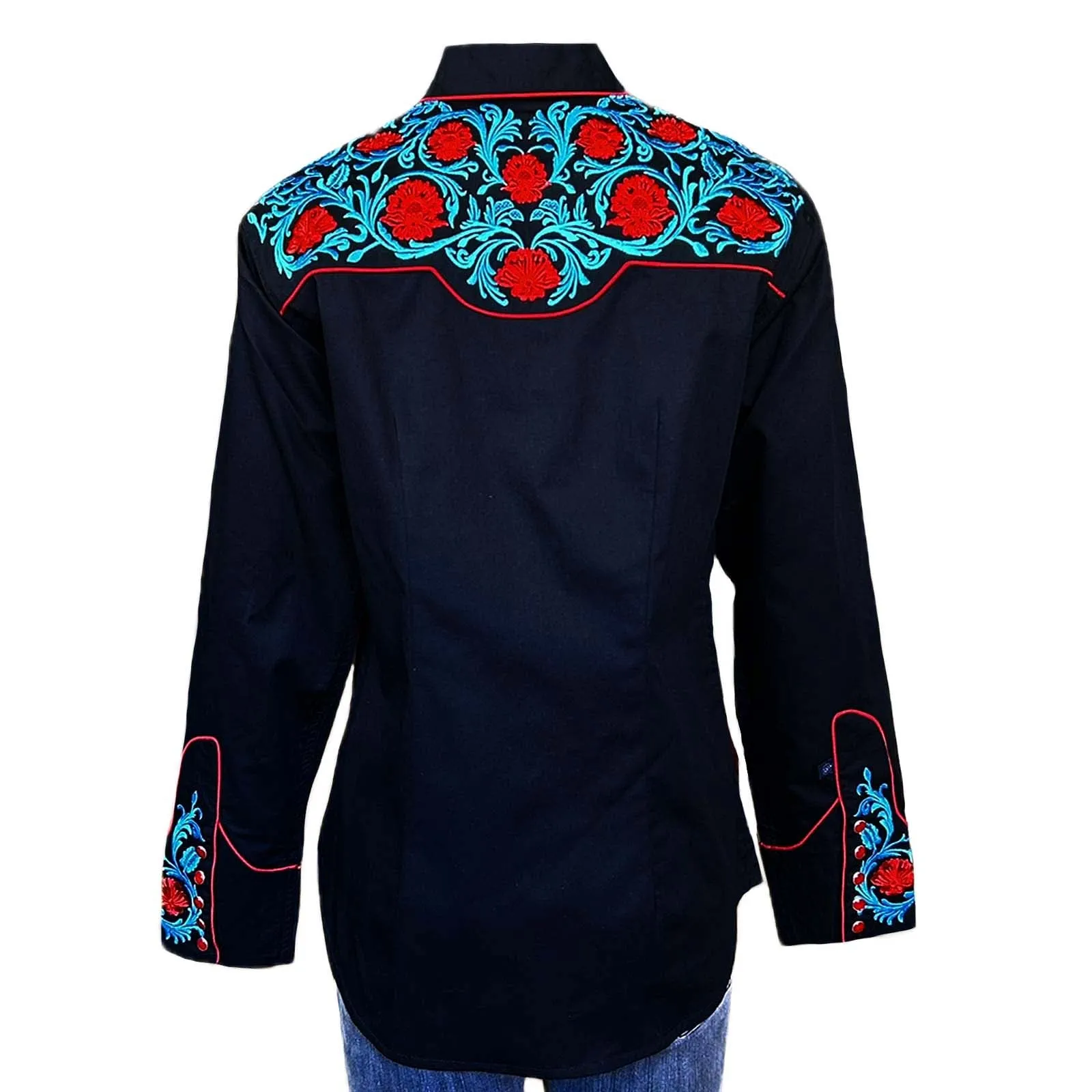 Women's Vintage Floral Embroidery Black Western Shirt