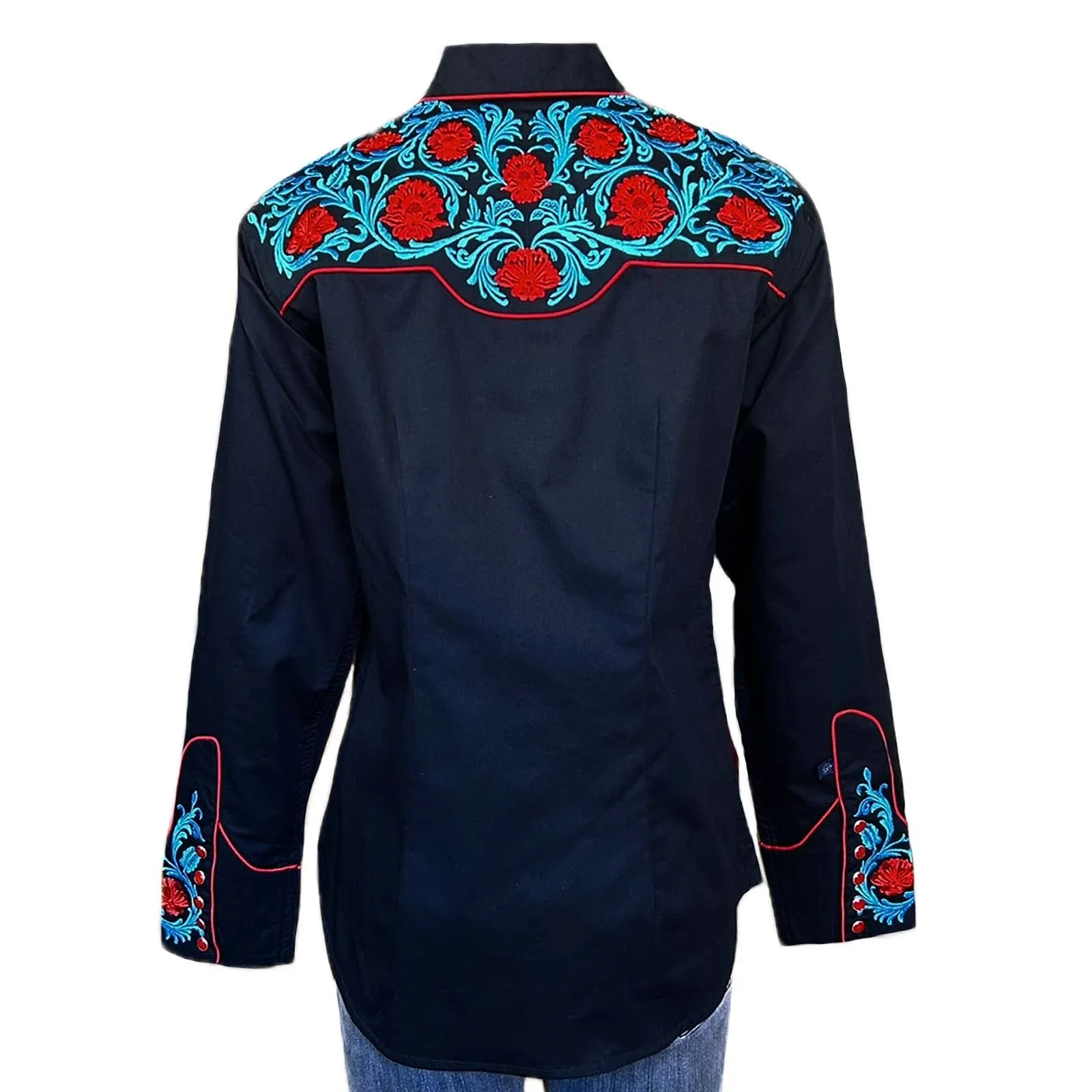 Women's Vintage Floral Embroidery Black Western Shirt
