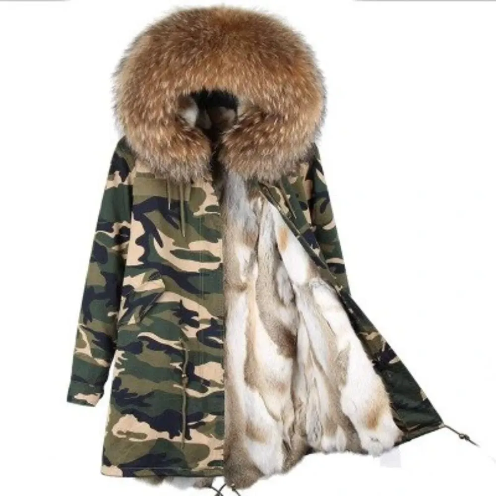 Women's Winter Casual Hooded Long Parka With Rabbit Fur