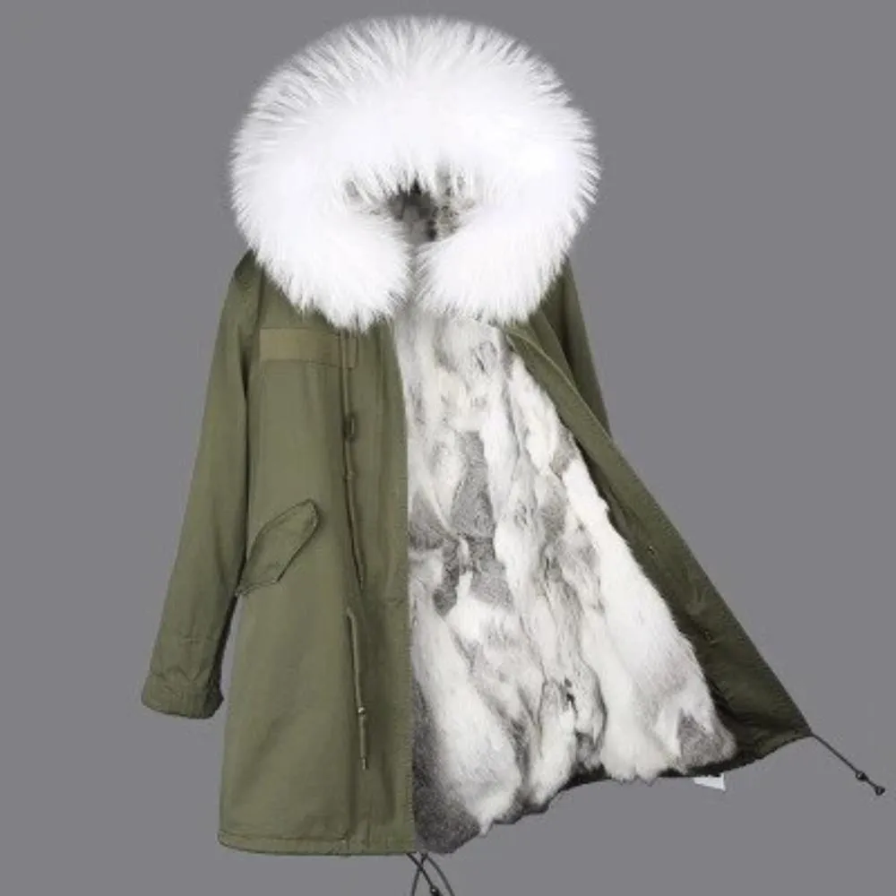 Women's Winter Casual Hooded Long Parka With Rabbit Fur