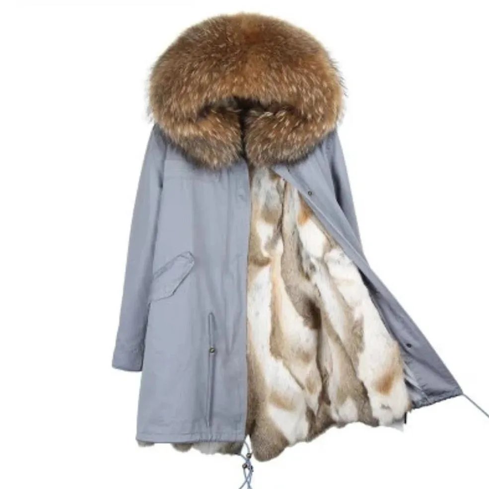 Women's Winter Casual Hooded Long Parka With Rabbit Fur